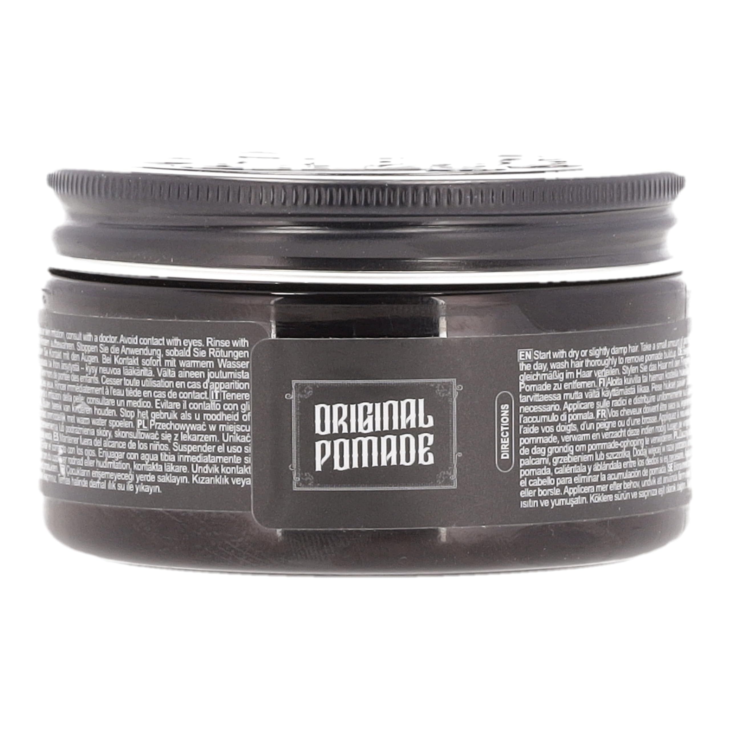 Dunkler Tiegel mit schwarzem Deckel, beschriftet mit "ORIGINAL POMADE".