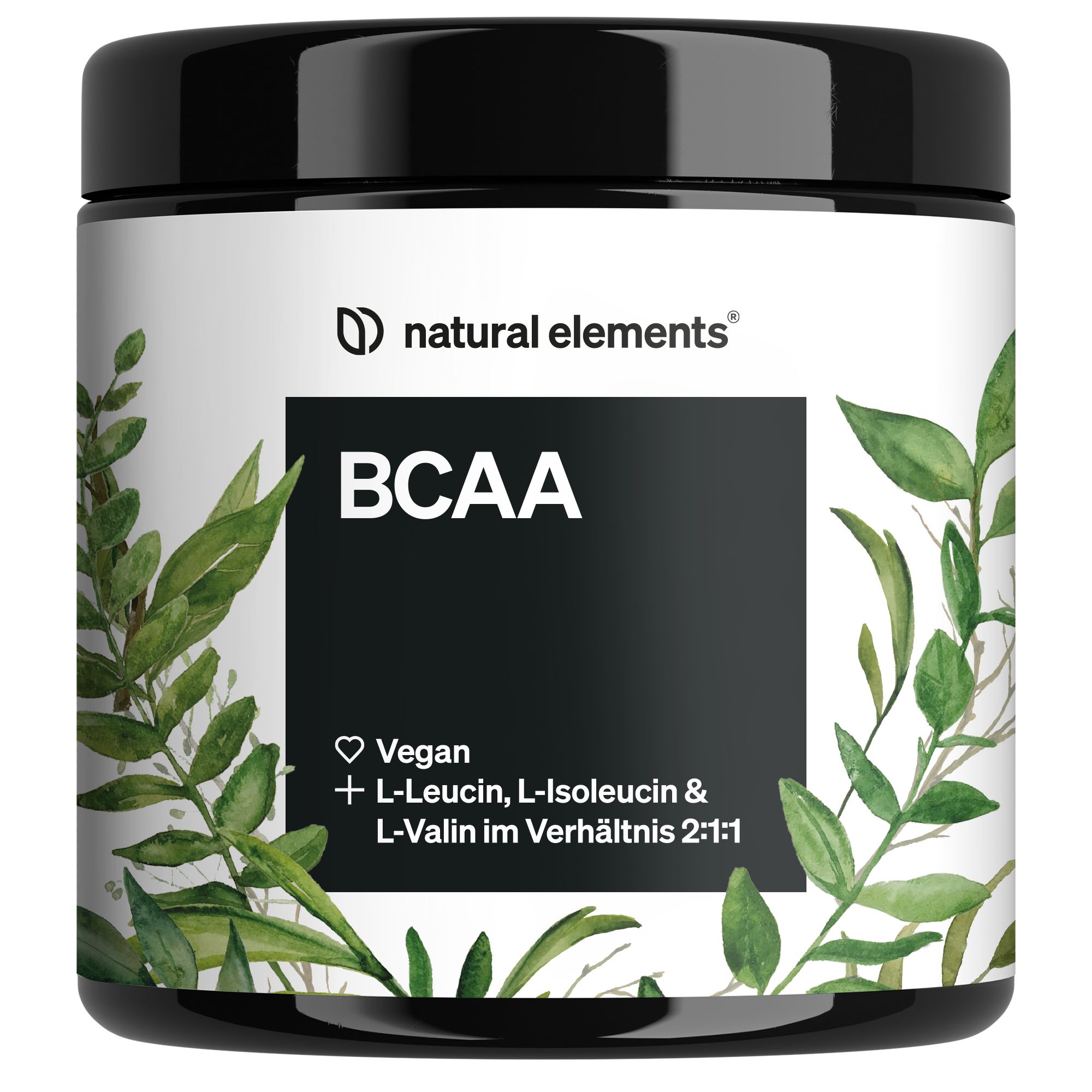 Runde Dose natural elements BCAA. Schwarzer Deckel, weißes Etikett mit grünen Blättern. Text: BCAA, Vegan, L-Leucin, L-Isoleucin & L-Valin.