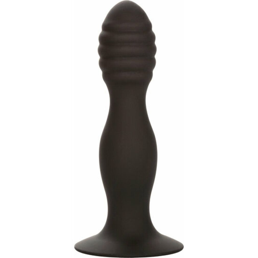 Schwarzer Anal-Stift mit gerippter Spitze und Saugnapf-Basis. Aus Silikon.
