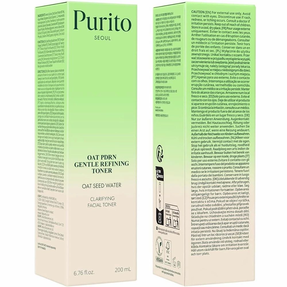Produktverpackung. Aufschrift: Purito, Oat PDRN Gentle Refining Toner, Clarifying Facial Toner. Mit Warnhinweisen.