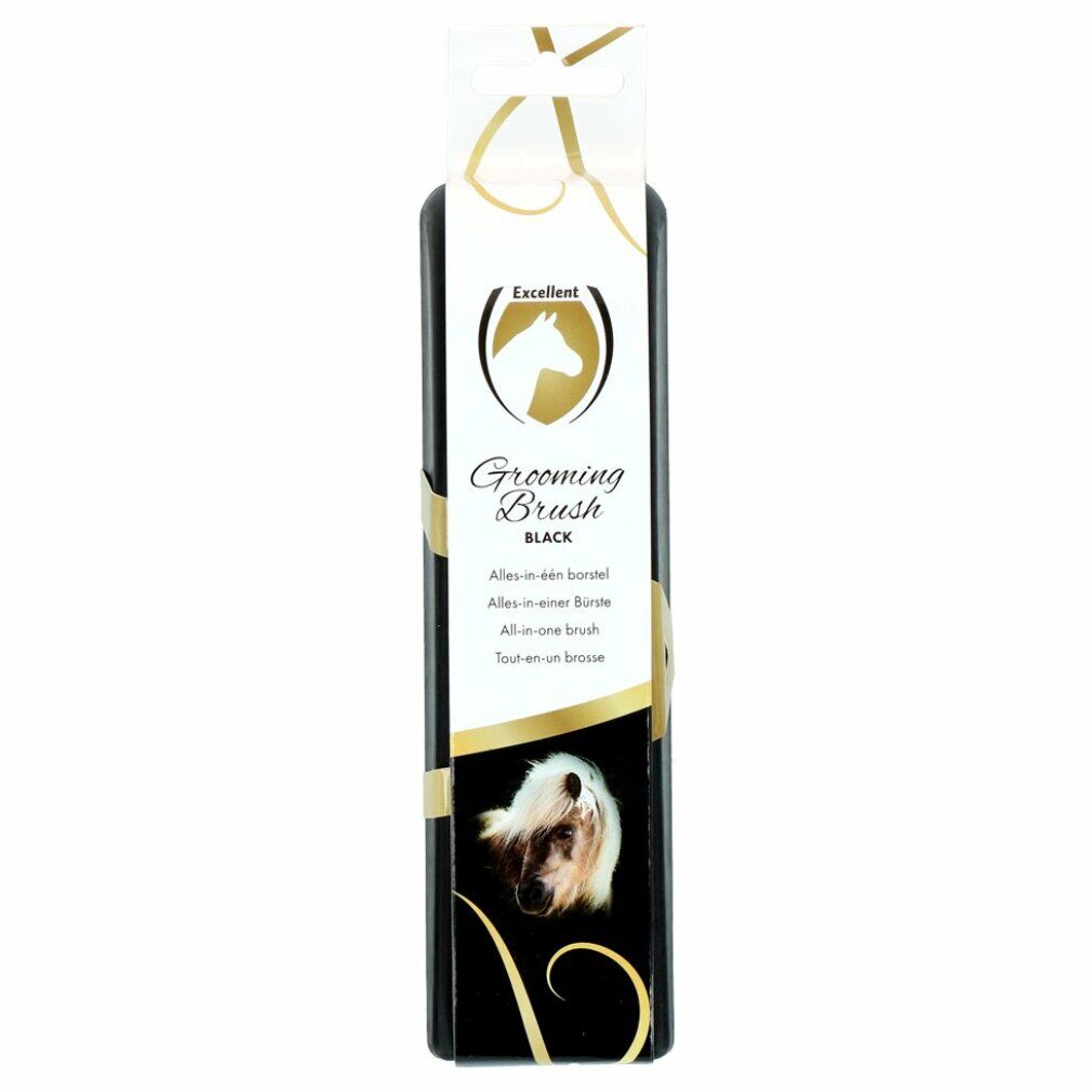 Schwarze Verpackung mit goldfarbenen Akzenten. Aufschrift: Grooming Brush BLACK. Logo: Pferdekopf.