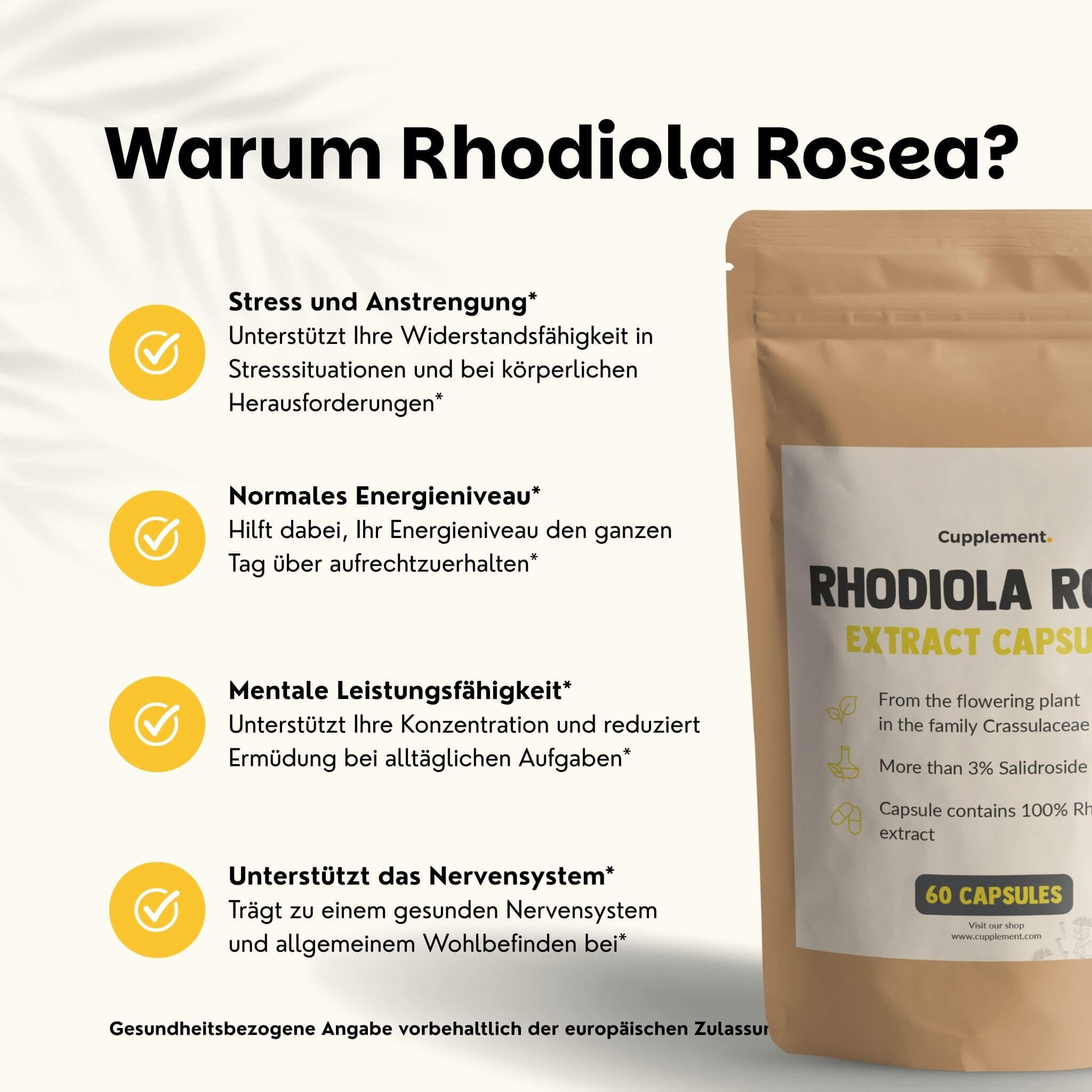 Beutel mit Kapseln. Text: Warum Rhodiola Rosea? Stress und Anstrengung, normales Energieniveau, mentale Leistungsfähigkeit.