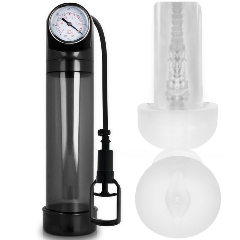 Zylindrische Pumpe mit Manometer, schwarzem Zylinder und transparentem Einsatz. Separater, zweiteiliger Einsatz.