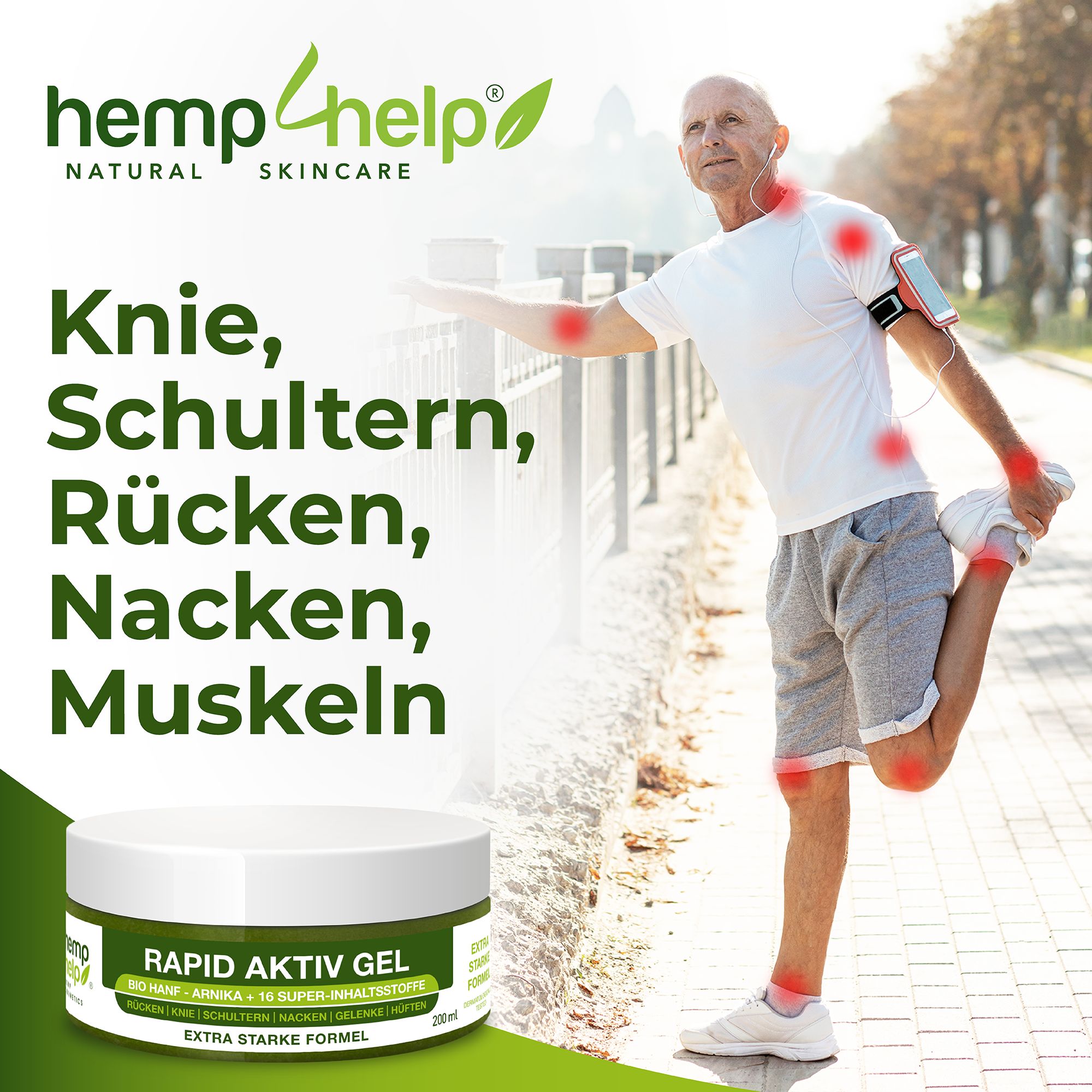 Mann dehnt sich, rote Markierungen auf Knie, Schultern, Rücken, Nacken, Muskeln. Tiegel mit grünem Etikett. Text: Rapid Aktiv Gel, 200ml.