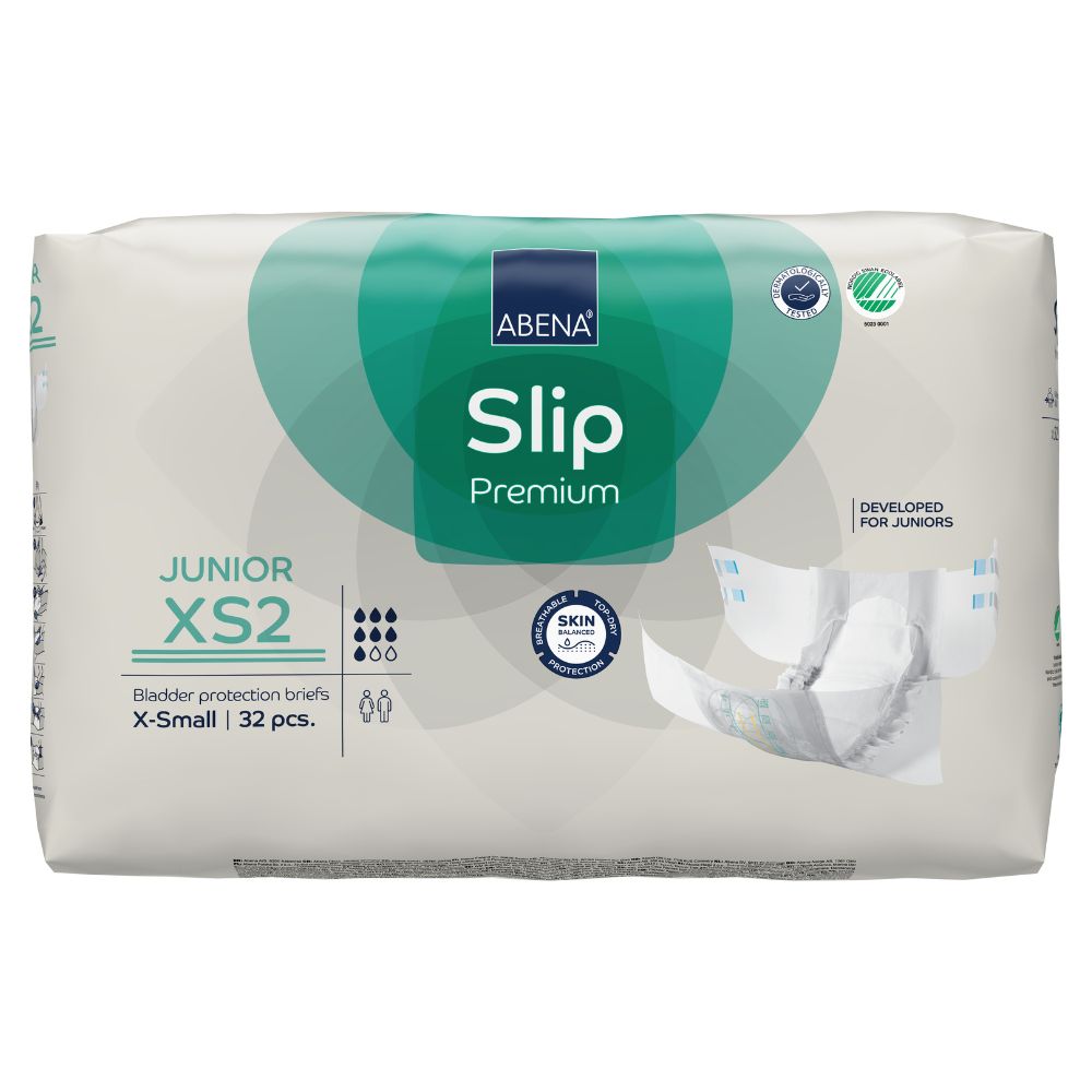 Verpackung von Abena Slip Premium Junior Windeln. Aufschrift: XS2, 32 Stück. Mit Logo und Zertifizierungen.