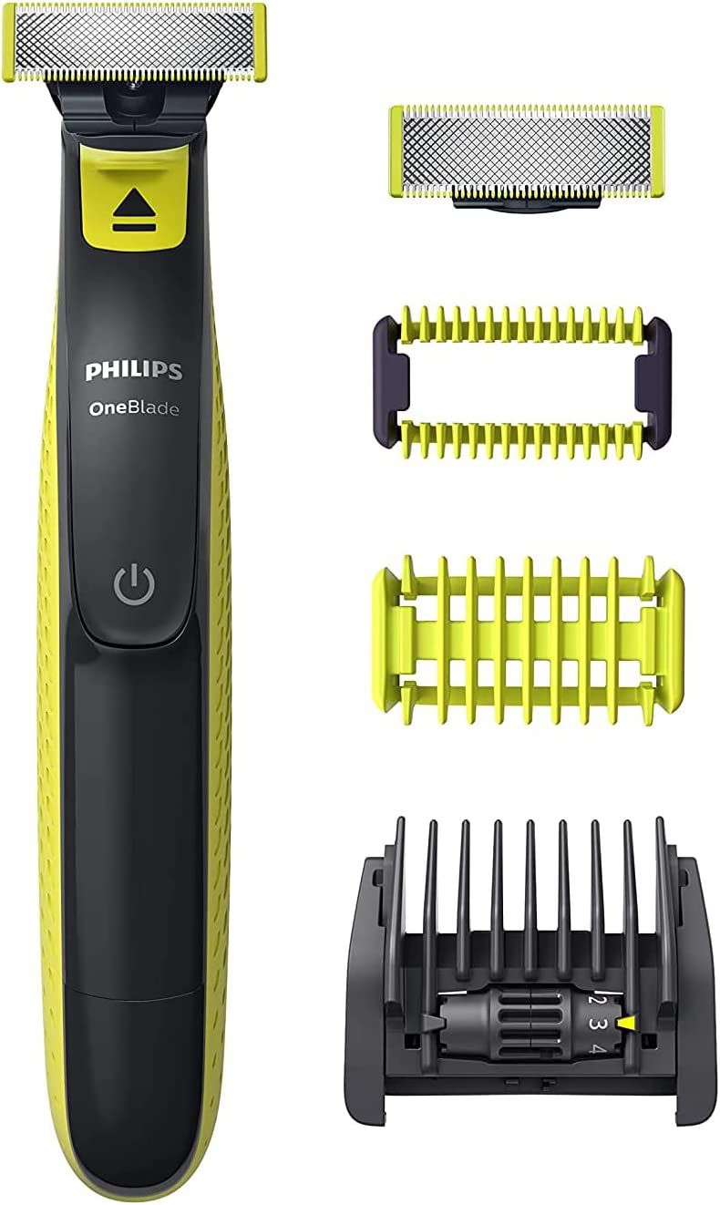 Elektrischer Rasierer mit Zubehör: Klingen, Trimmeraufsätze. Schwarz-gelbes Design. Philips OneBlade.