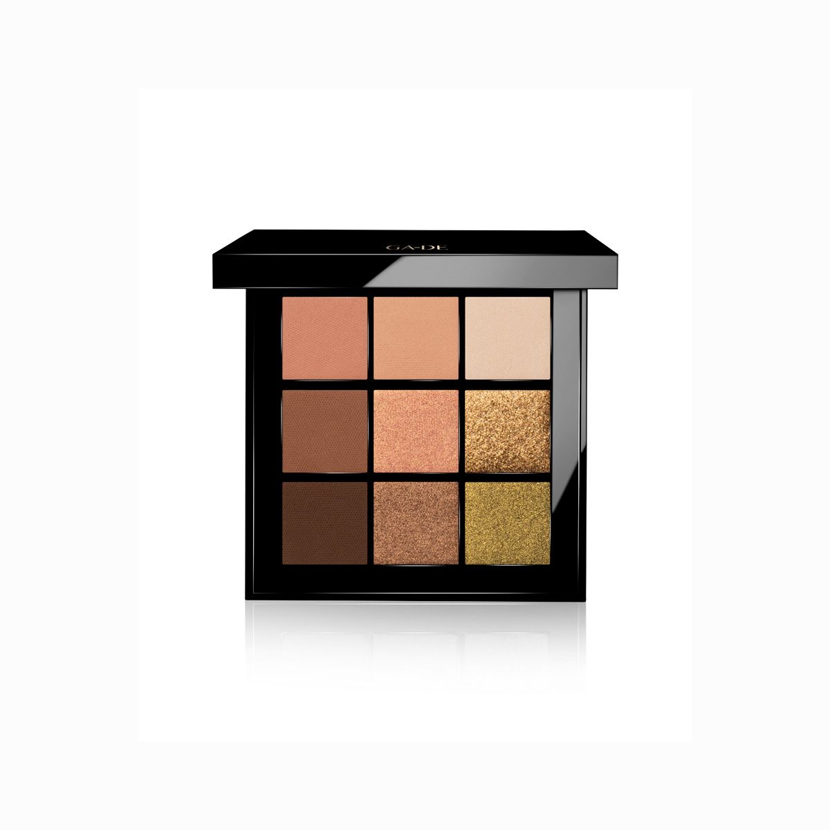 Ga-De Velveteen Lidschatten-Palette. Schwarze quadratische Palette mit neun Farbtönen in verschiedenen Nuancen. Marke oben.