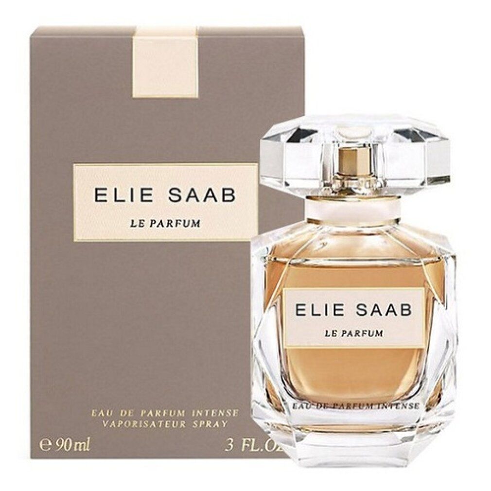 Graue Verpackung neben einer Parfümflasche. Aufschrift: ELIE SAAB LE PARFUM. Flasche: transparent, eckig, mit goldfarbenem Verschluss.