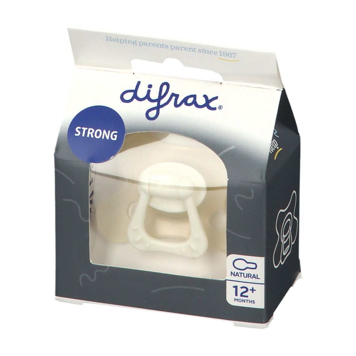 Difrax Schnuller Natural 12+ Monate in Verpackung. Weißer Schnuller mit Griff. Verpackung mit Sichtfenster und Markenlogo.