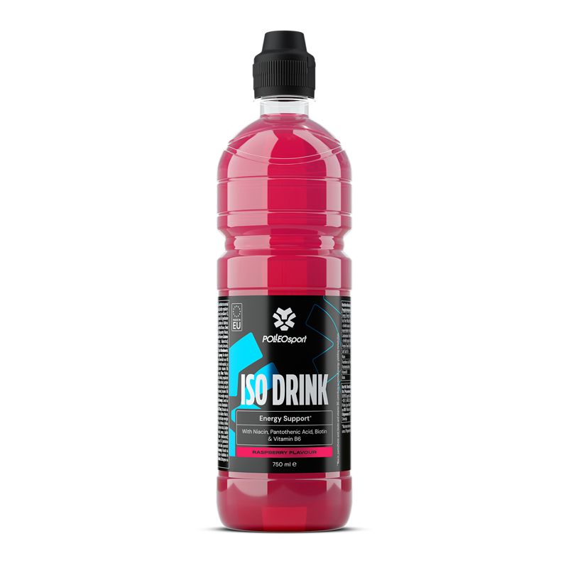 Rote Flasche mit schwarzem Deckel. Etikett mit "ISO DRINK" und Logo. 750 ml.