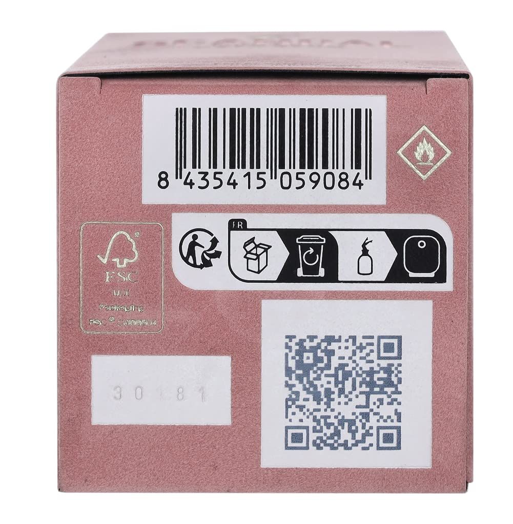 Rückseite der rosa Schachtel. Barcode, Piktogramme, QR-Code und Text.