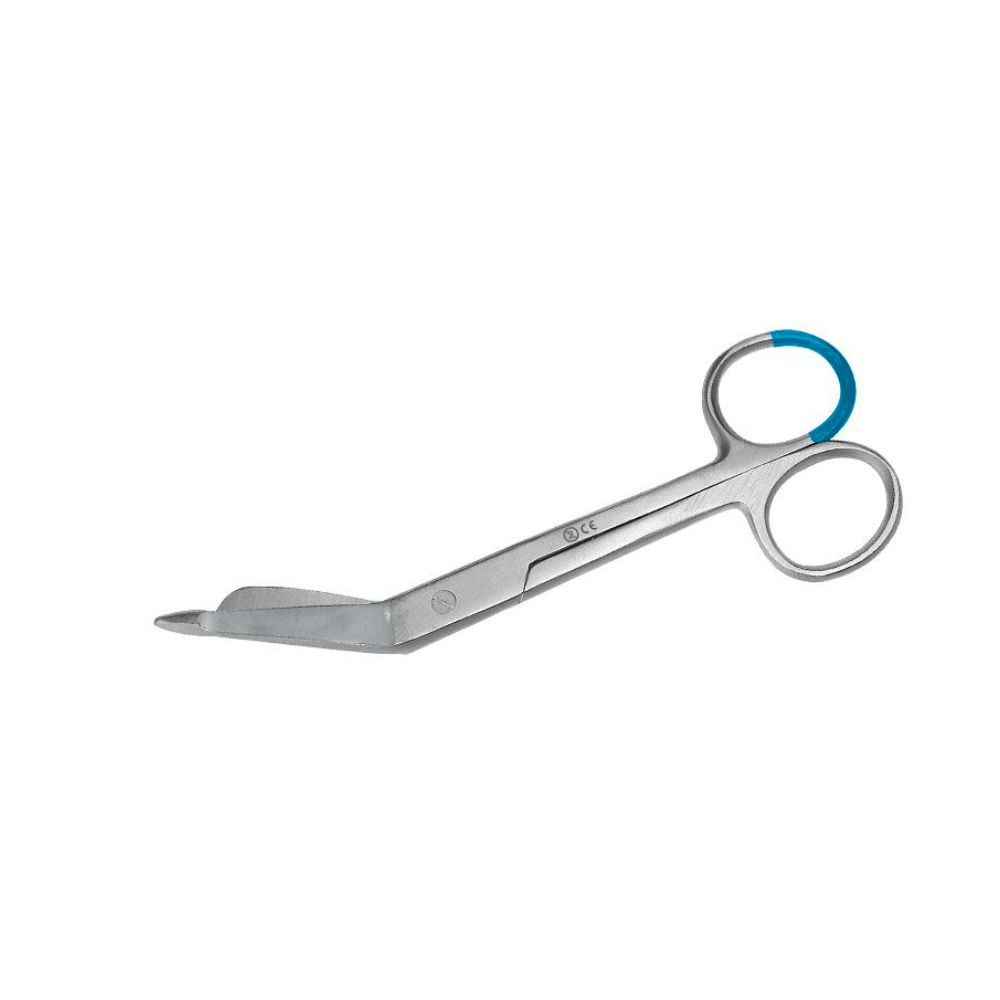 Verbandschere aus Metall mit blauem Griff. Die Schere hat eine gebogene Spitze und zwei runde Grifflöcher. CE-Kennzeichnung.