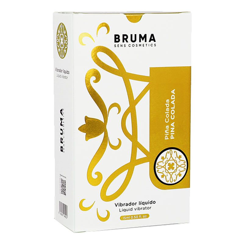 Bruma Flüssigvibrator Piña Colada in weißer Verpackung mit goldenen Verzierungen.