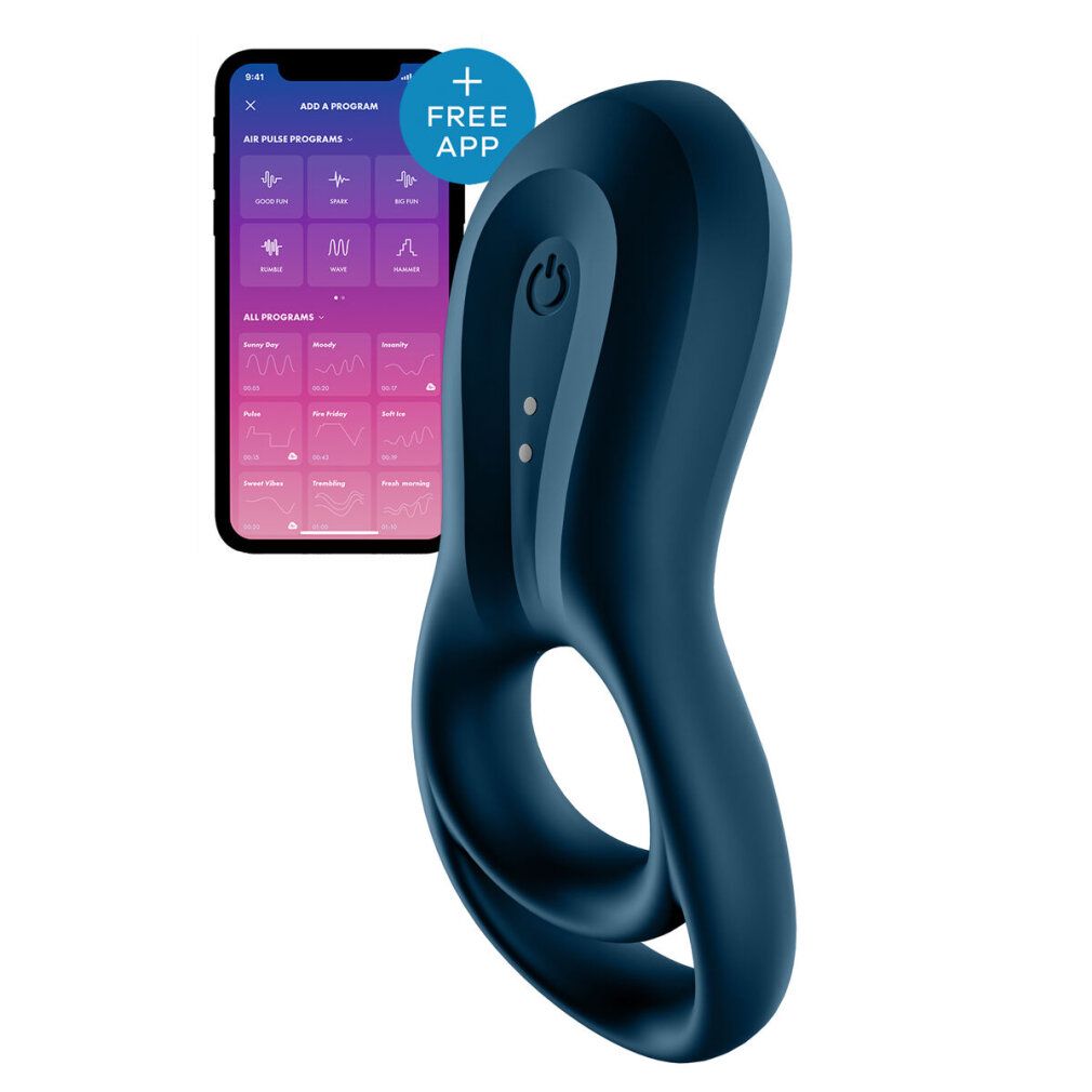 Blauer Ringvibrator mit Smartphone. Auf dem Smartphone ist eine App mit Programmen zu sehen. Der Vibrator hat eine Power-Taste und zwei LEDs.