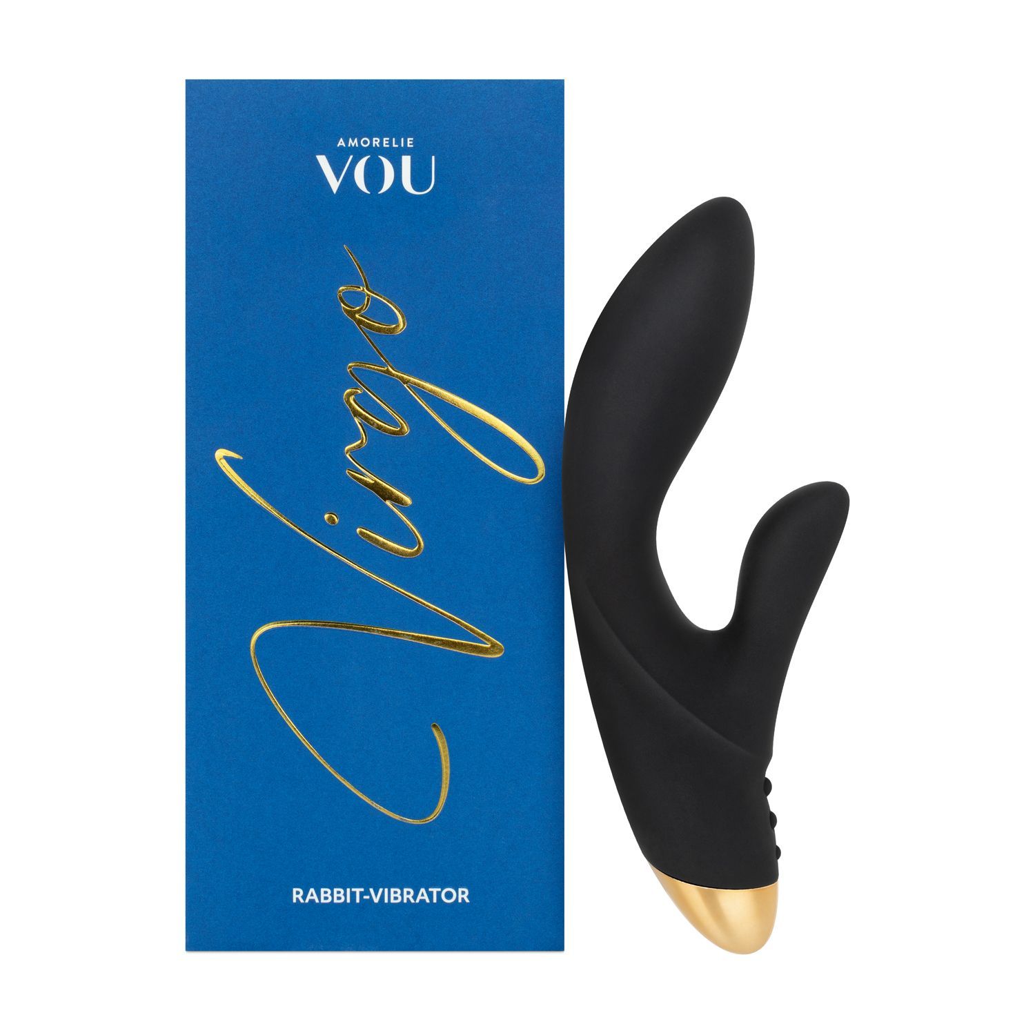 Schwarzer Rabbit-Vibrator neben seiner blauen Verpackung mit goldener Schrift 'Virgo'.