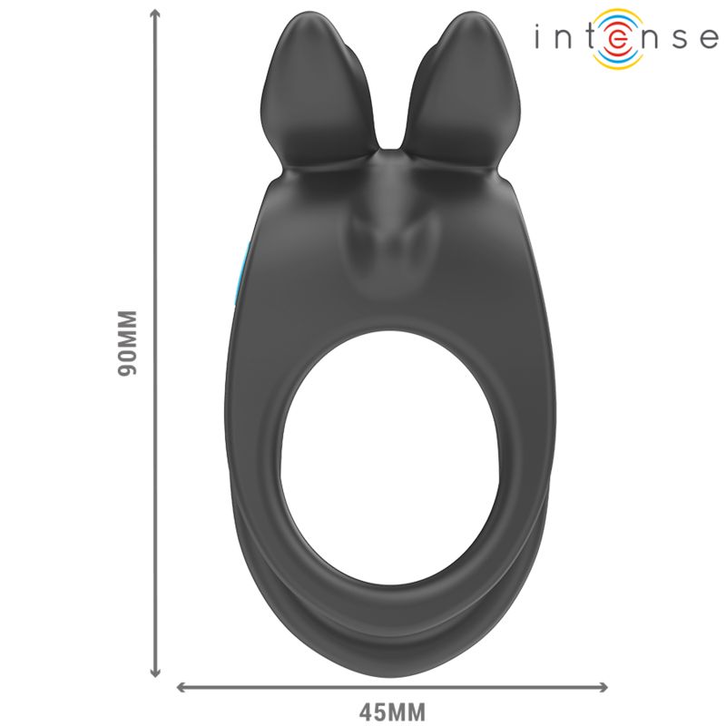 Schwarzer Doppel-Penisring. Abmessungen: 90mm hoch, 45mm breit. Ring mit zwei Öffnungen und einem blauen Knopf.
