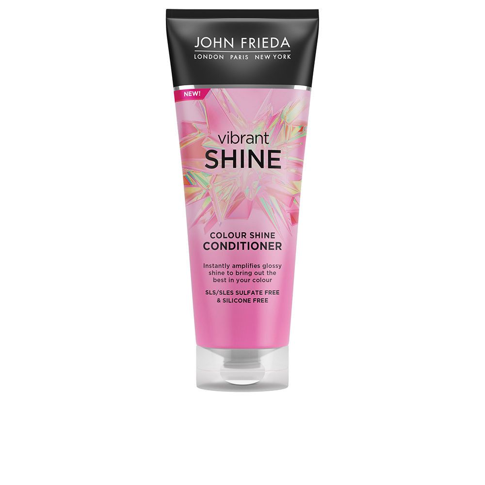 Rosa Tube mit schwarzem Deckel. Aufschrift: VIBRANT SHINE, Colour Shine Conditioner. Frei von SLS/SLES Sulfaten & Silikonen.