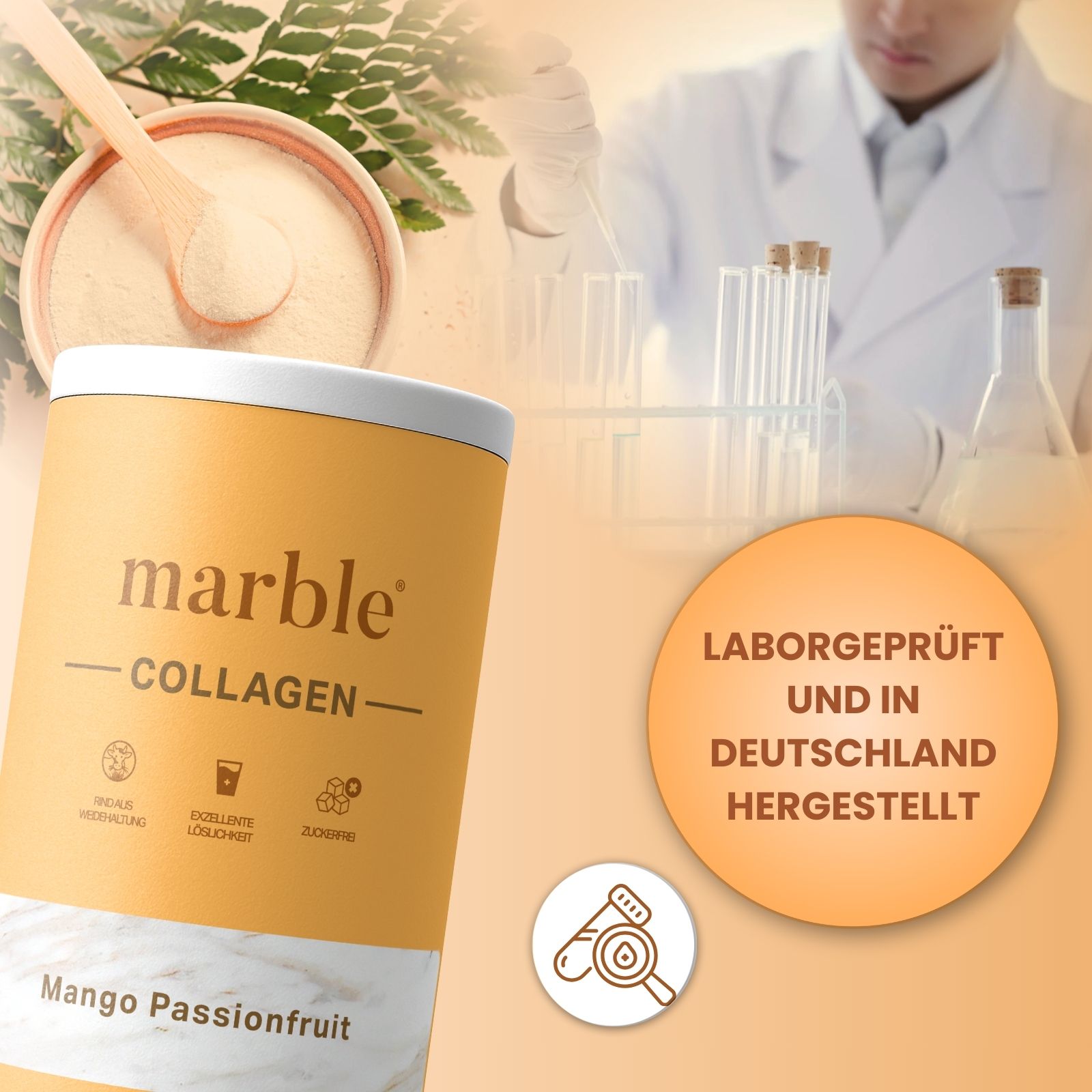 Dose marble Collagen, Mango-Passionfruit. Laborgeprüft und in Deutschland hergestellt. Hintergrund: Labor mit Teströhrchen und Wissenschaftler.