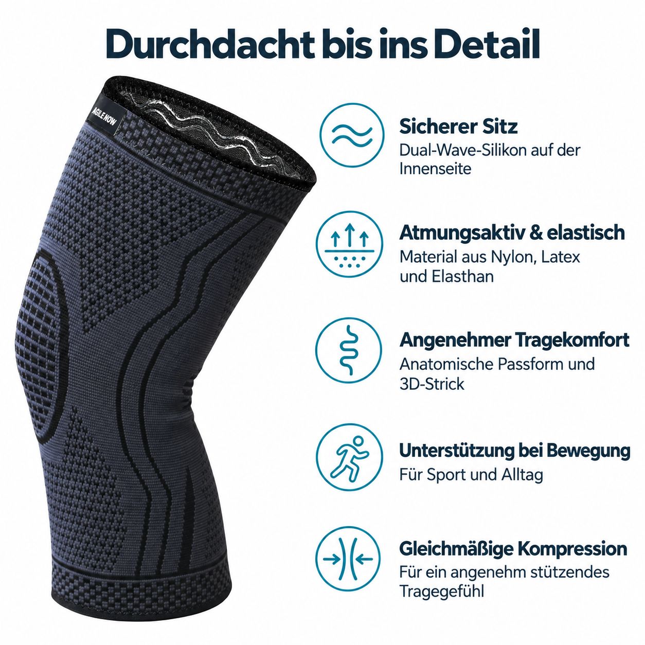 AGILE NOW Kniebandage Performance Up: atmungsaktiv, elastisch, 3D-Strick, mit Silikon-Innenseite für sicheren Sitz.