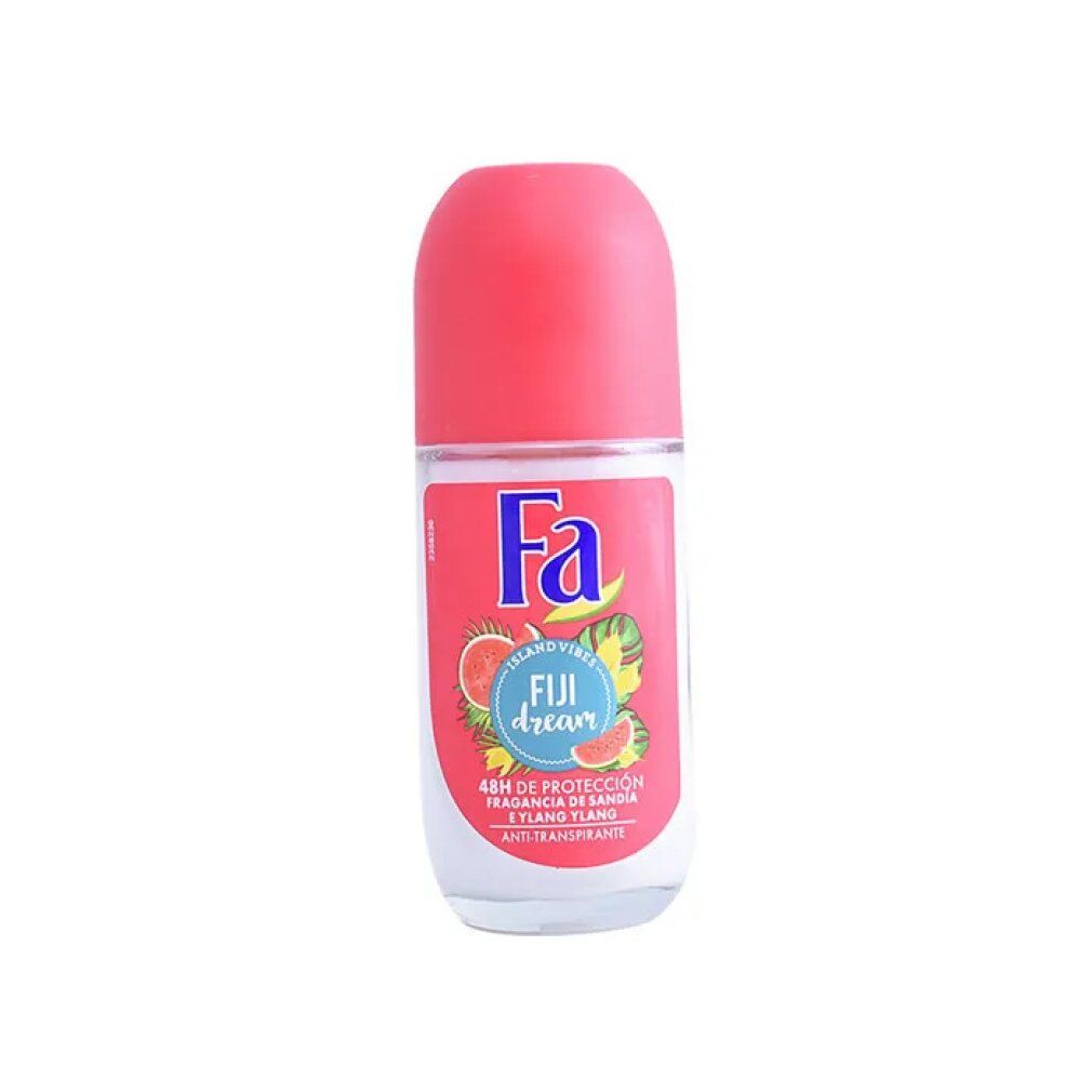 Deo-Roller mit rosa Kappe. Aufkleber mit "Fa", "Fiji dream", Wassermelone und Ylang-Ylang-Motiv. Anti-Transpirant.