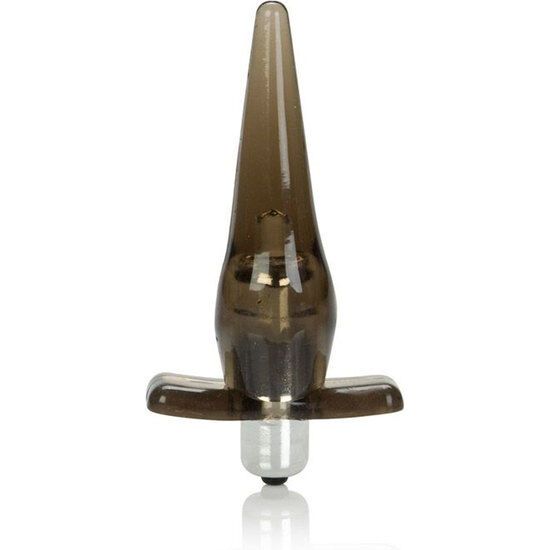 Analplug mit Basis. Schwarzer Plug mit silberfarbener Spitze. Basis mit Flügeln.