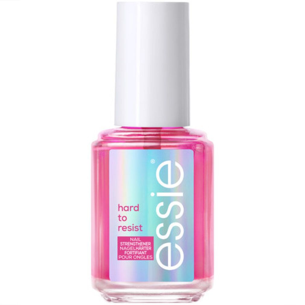 Rosa Nagelhärter-Flasche mit weißem Deckel. Aufkleber mit "essie", "hard to resist" und "Nail Strenghtener".