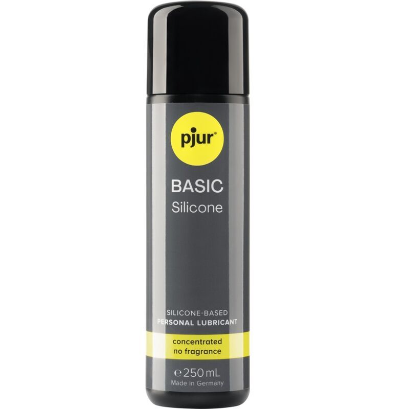 Dunkelgraue Flasche mit schwarzem Deckel. Gelber Kreis mit Schriftzug: pjur BASIC SILICONE. Aufschrift: concentrated no fragrance.