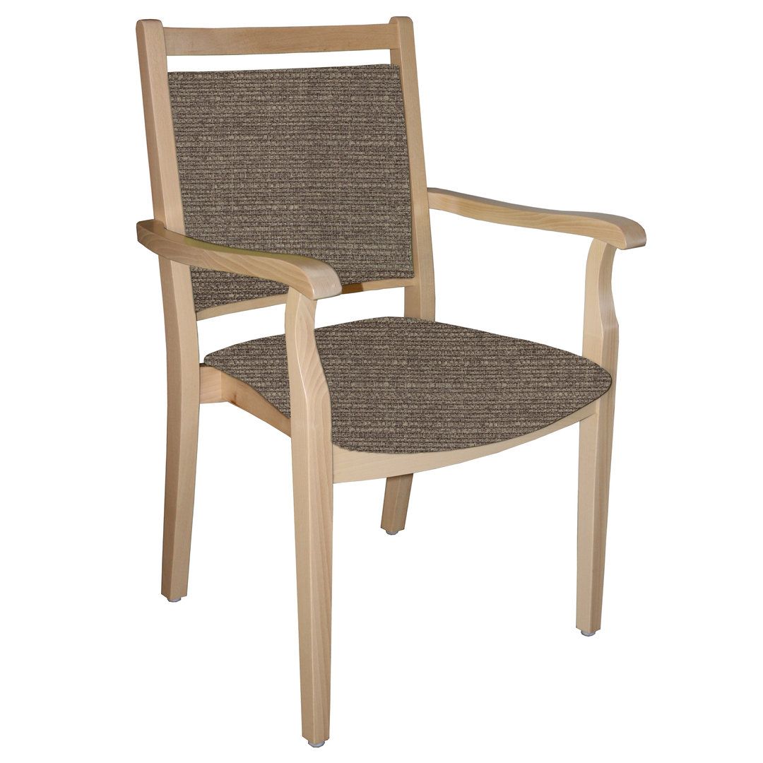 Seniorenstuhl mit Armlehnen. Holzrahmen, braune Sitzfläche und Rückenlehne. Gerades Design.