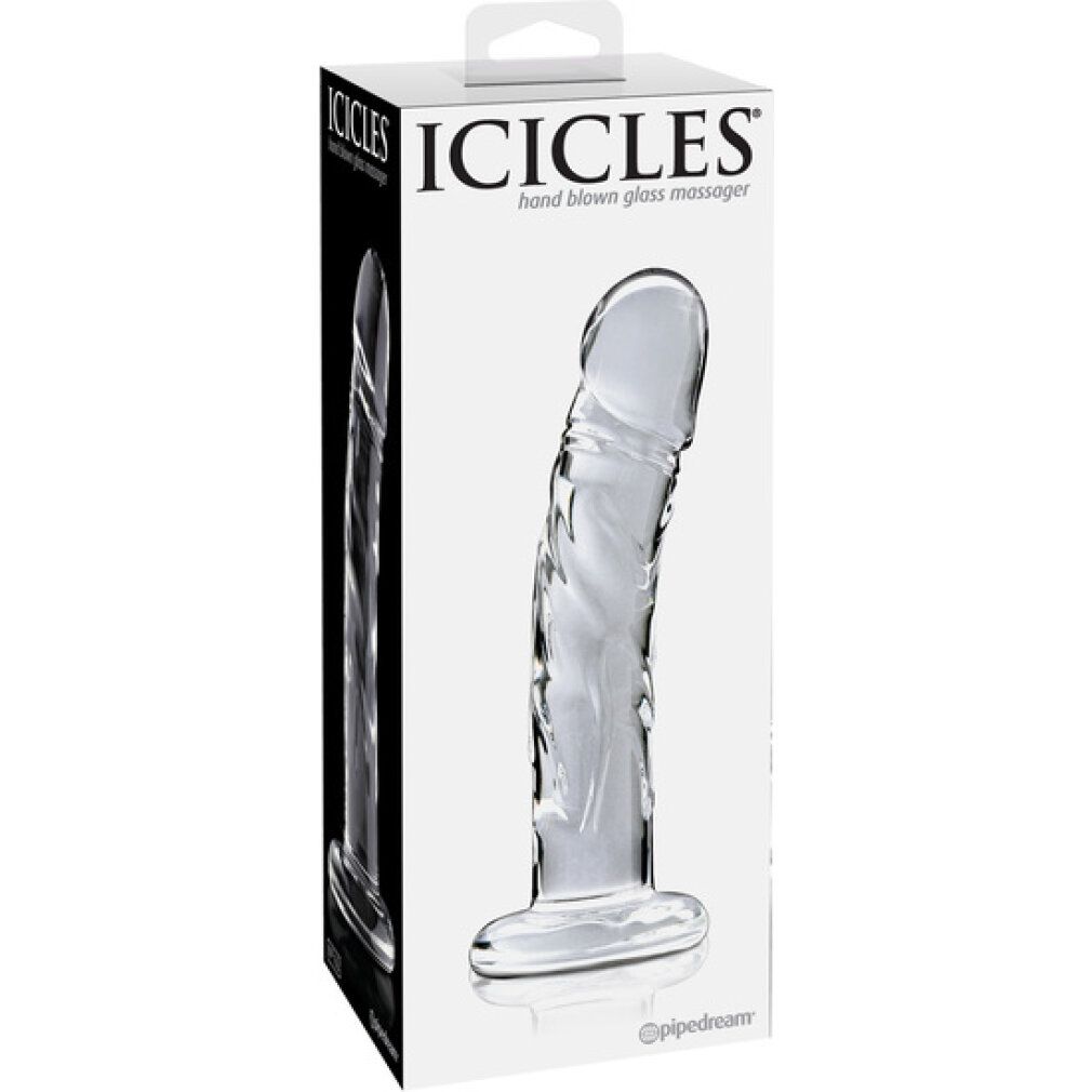 Verpackung mit Glasdildo. Marke ICICLES, Produktname aufgedruckt. Handgeblasenes Glas.