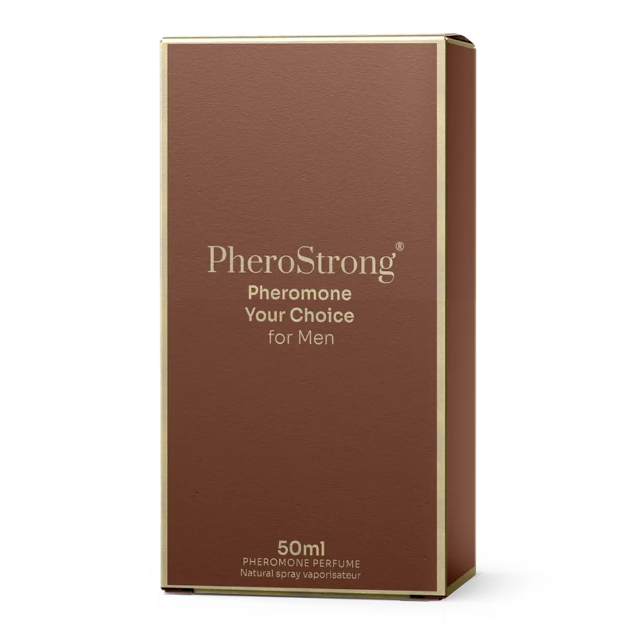 Braune rechteckige Verpackung mit goldfarbenen Akzenten. Auf der Verpackung steht PheroStrong Pheromone Your Choice für Männer.