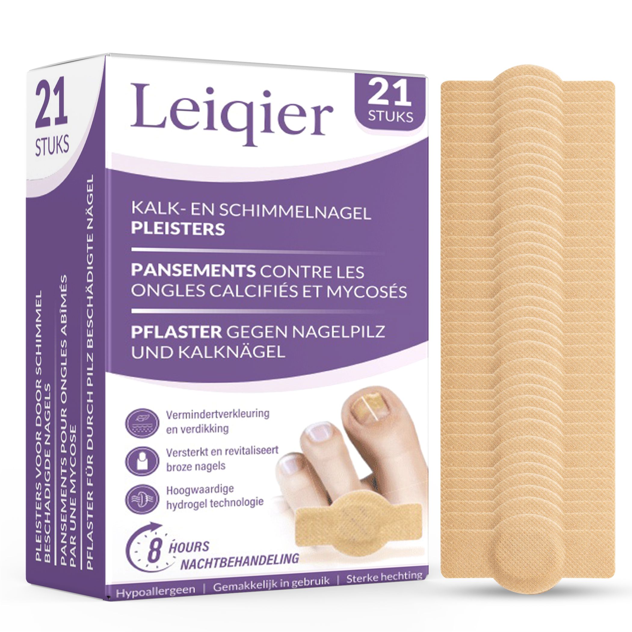 Verpackung mit Pflastern. Aufschrift: Leiqier, Kalk- en Schimmelnagel pleisters. 21 Stück. Beige Pflaster neben der Verpackung.