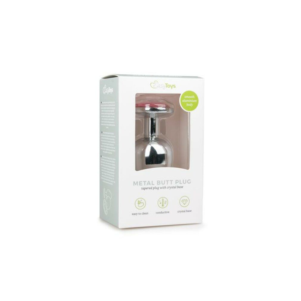 Verpackung für einen Analplug. Produktname: METAL BUTT PLUG. Mit rosa Zierstein. Eigenschaften: leicht zu reinigen, konduktiv, kristallklar.