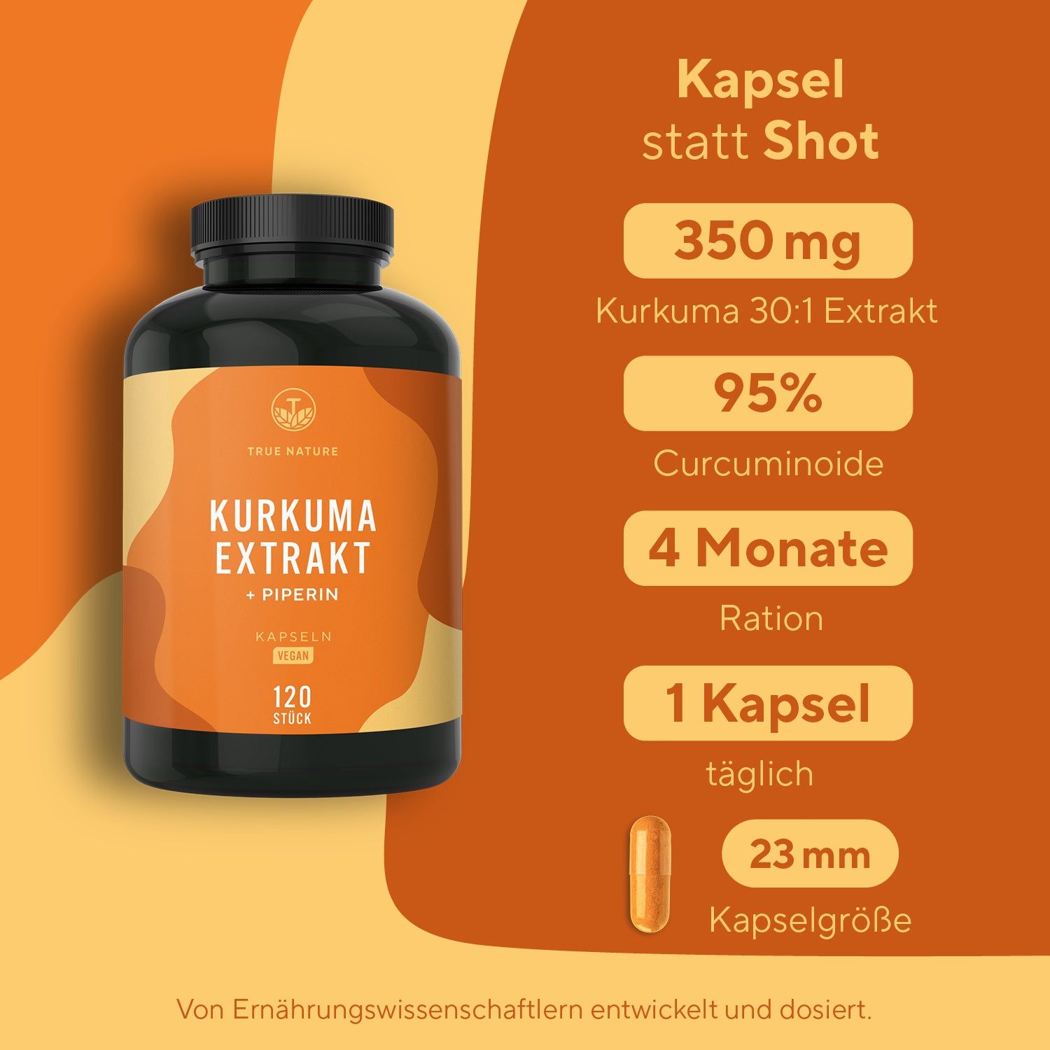 Braune Flasche mit Kurkuma Extrakt Kapseln. Enthält 120 Stück. Aufschrift: TRUE NATURE. Orangefarbener Hintergrund mit Produktinformationen.