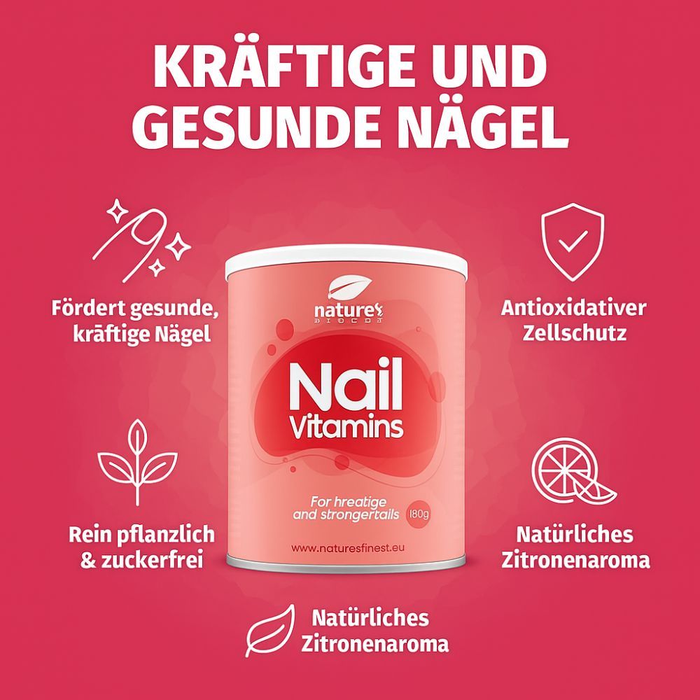 Dose Nagel Vitamine mit Symbolen für gesunde Nägel, pflanzliche Inhaltsstoffe und Zitronenaroma.