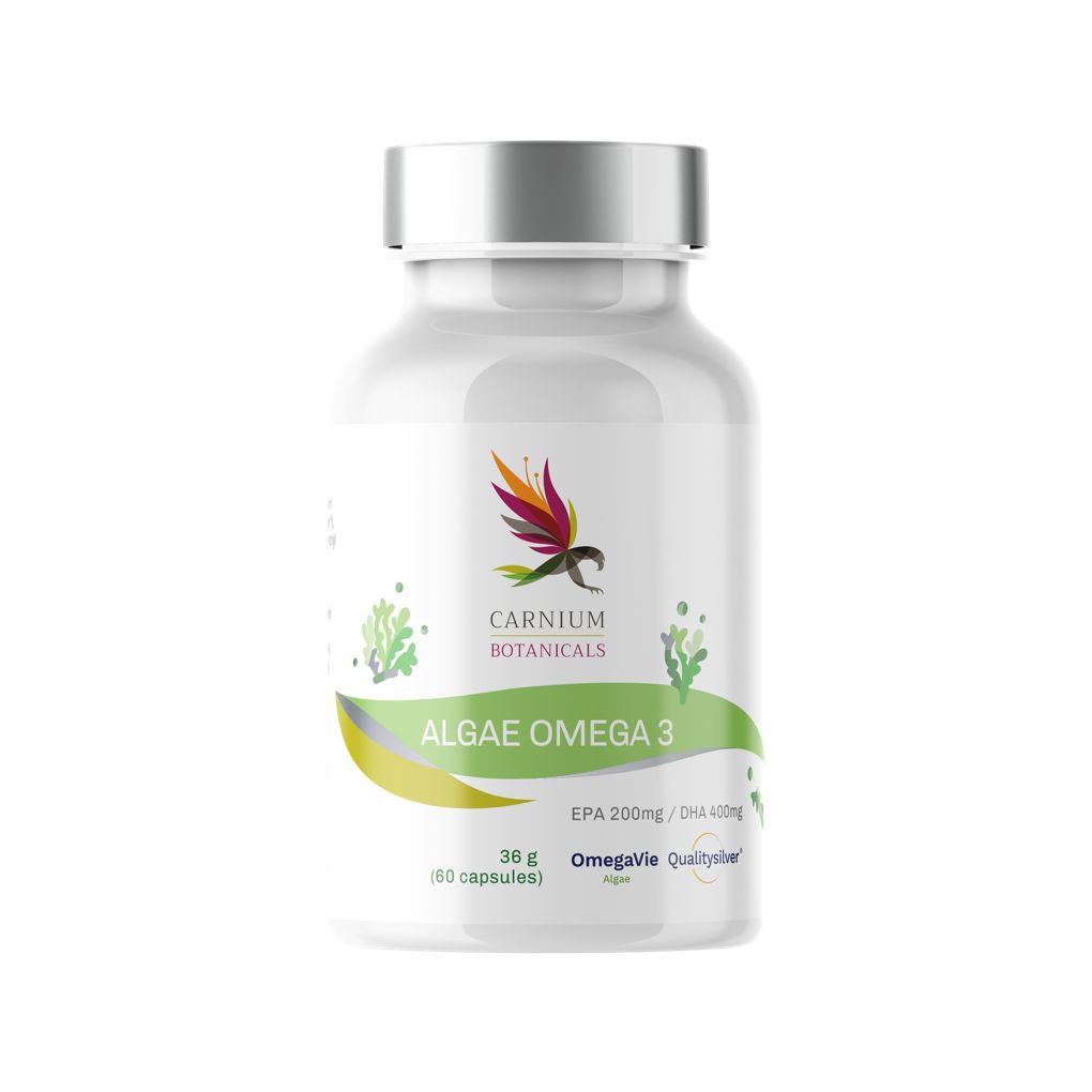 Weiße Flasche mit Kapseln. Aufschrift: CARNIUM BOTANICALS, ALGAE OMEGA 3, EPA 200mg/DHA 400mg, 36g (60 Kapseln).