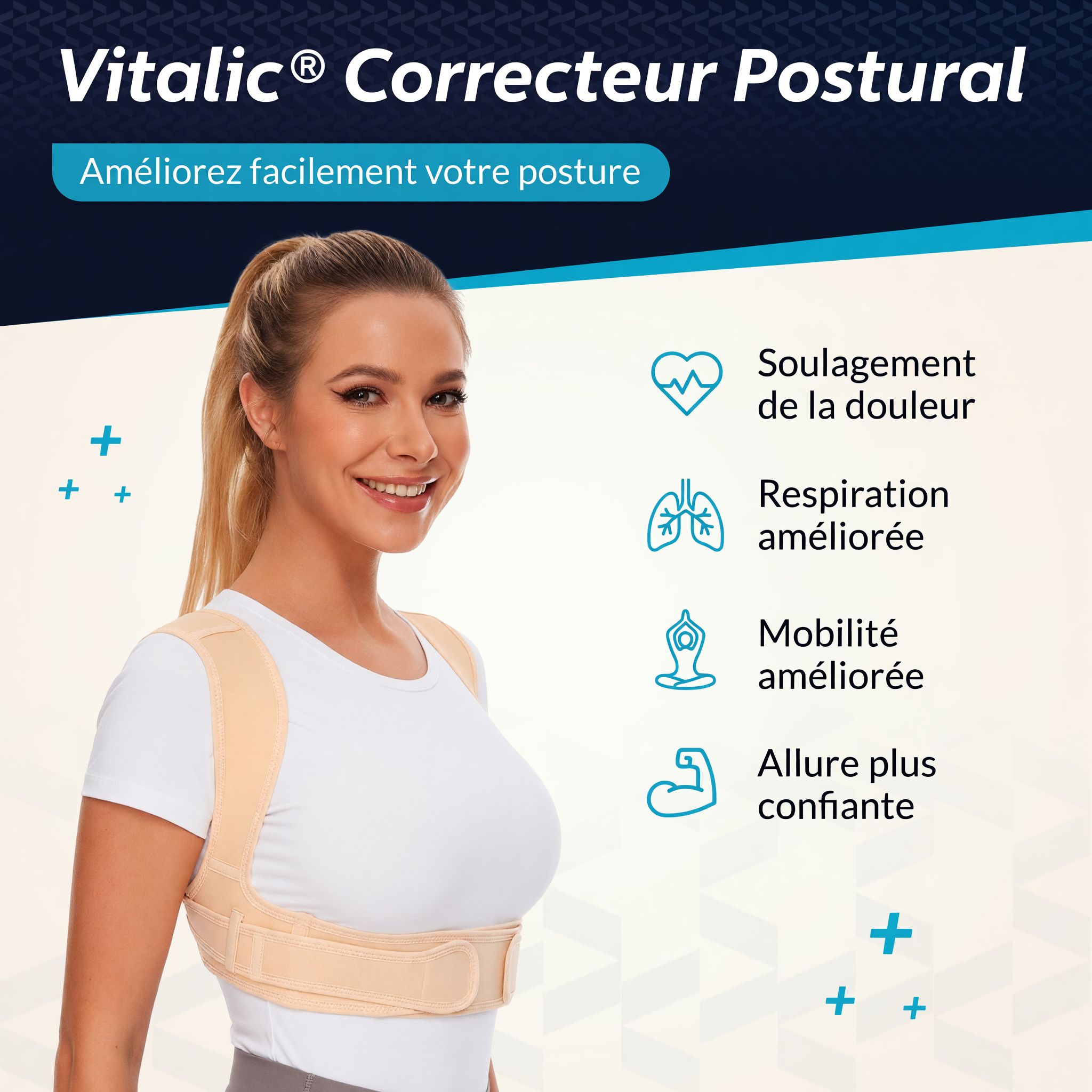 Beige Haltungskorrektor mit Schultergurten. Frau trägt den Korrektor. Text: VITALIC Corrector Postural.