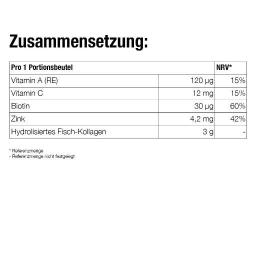 Nährwerttabelle mit Angaben zu Vitaminen, Biotin, Zink und hydrolysiertem Fisch-Kollagen. Referenzmengen und pro Portion.