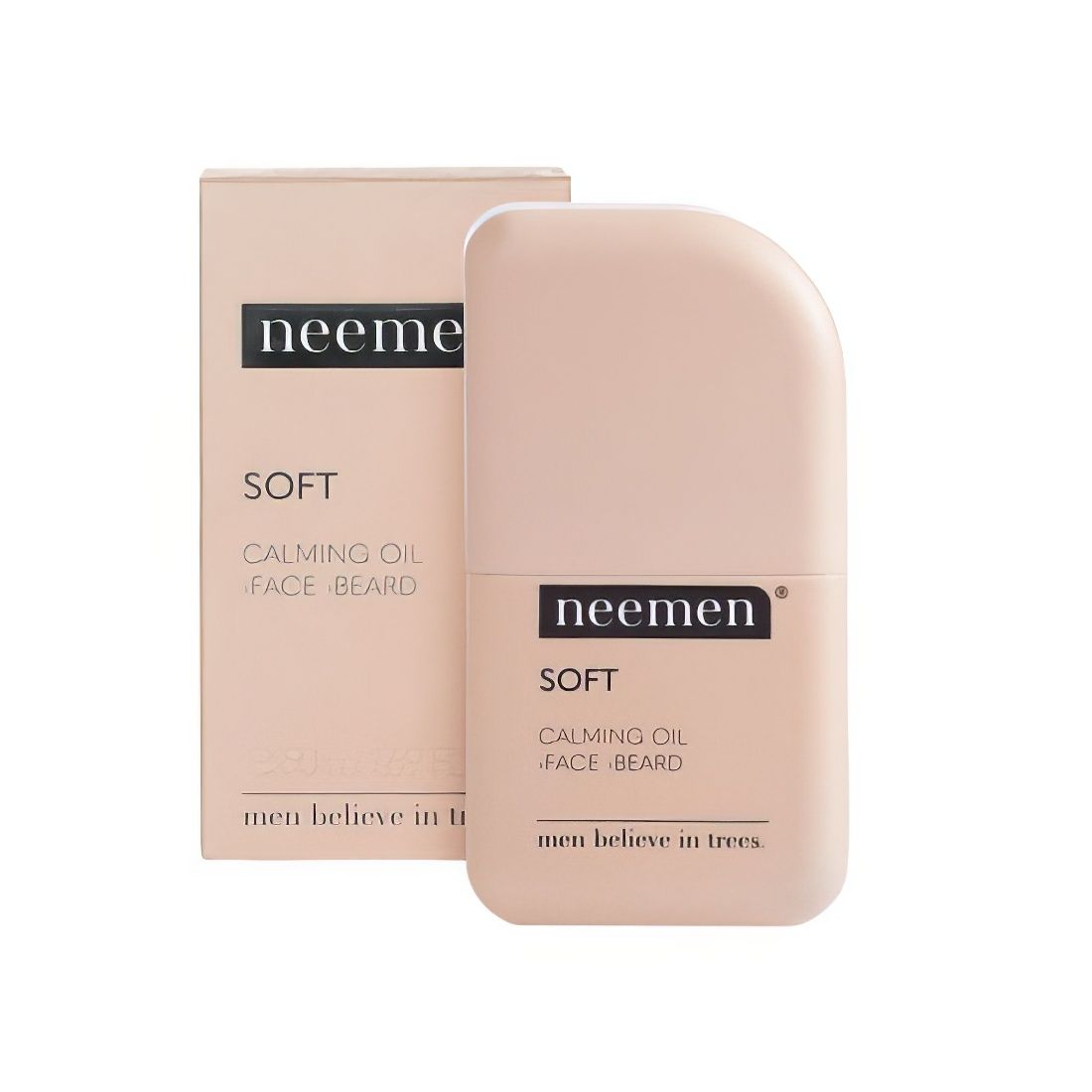 Beige Produktverpackung und Flasche. Aufschrift: "neemen SOFT CALMING OIL FACE BEARD".