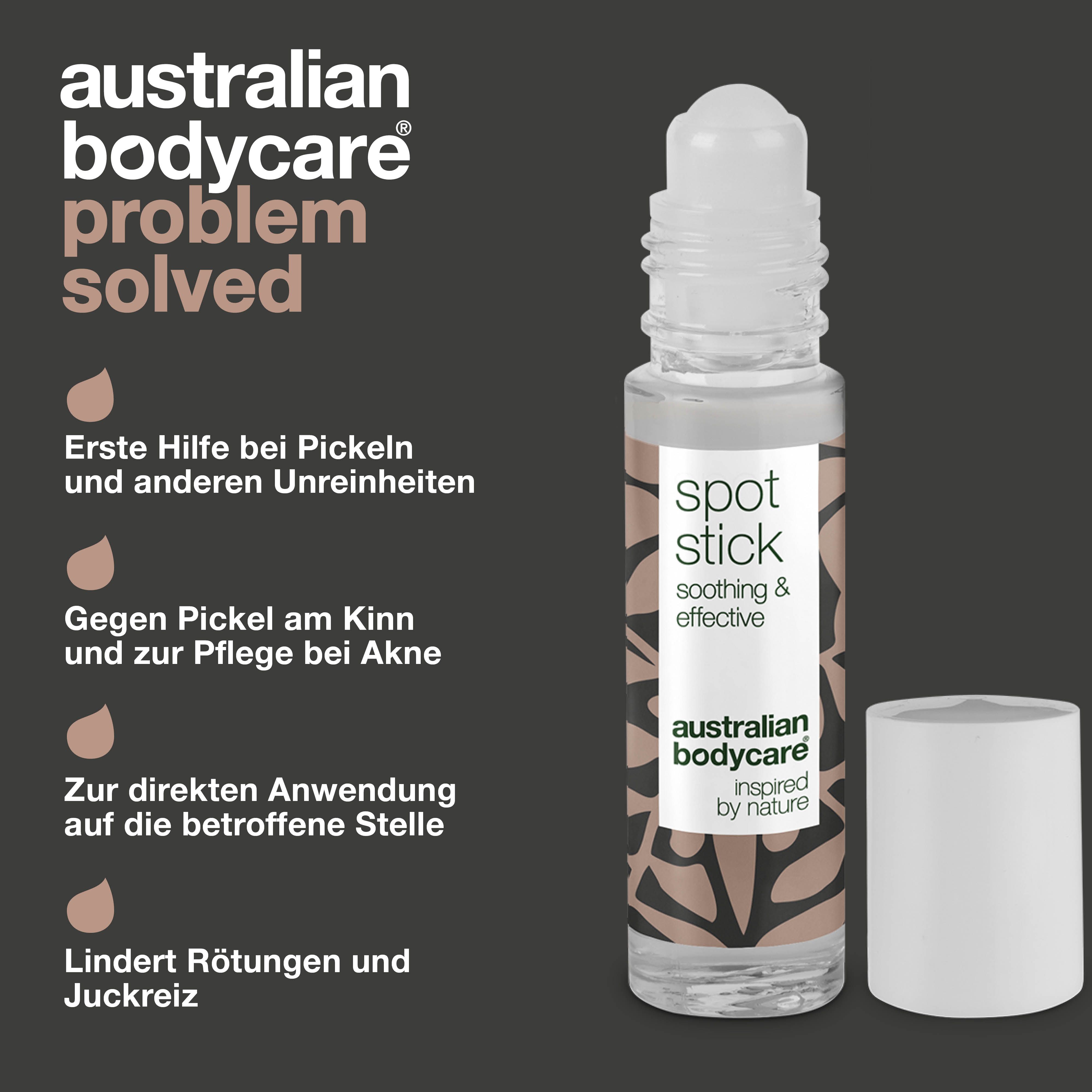 Spot Stick mit weißer Kappe. Text: Erste Hilfe bei Pickeln und anderen Unreinheiten. Gegen Pickel am Kinn und zur Pflege bei Akne.