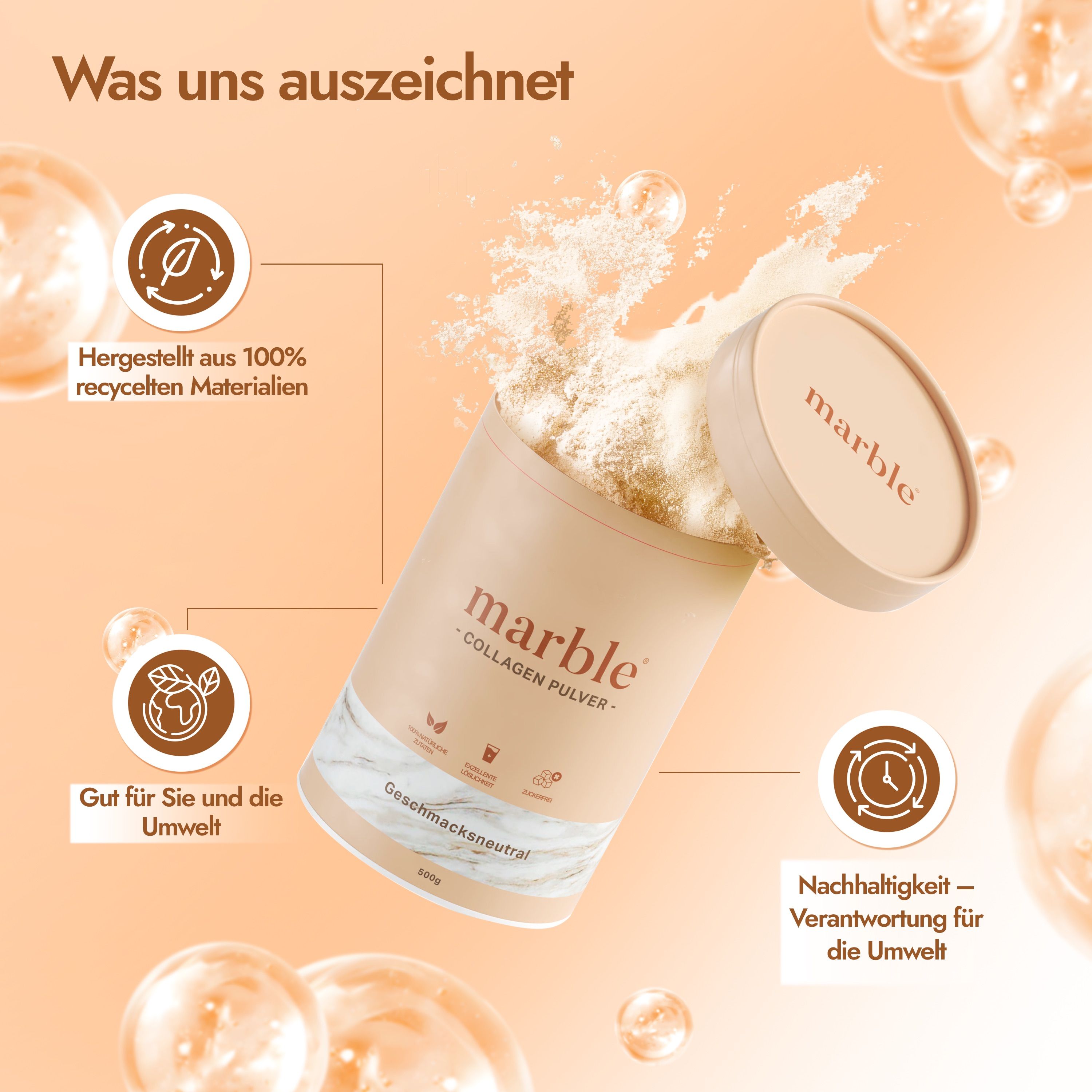 Geöffnete Dose "marble" und "Collagen Pulver". Text: "Geschmacksneutral". Grafiken: Recycling, Umwelt, Nachhaltigkeit.