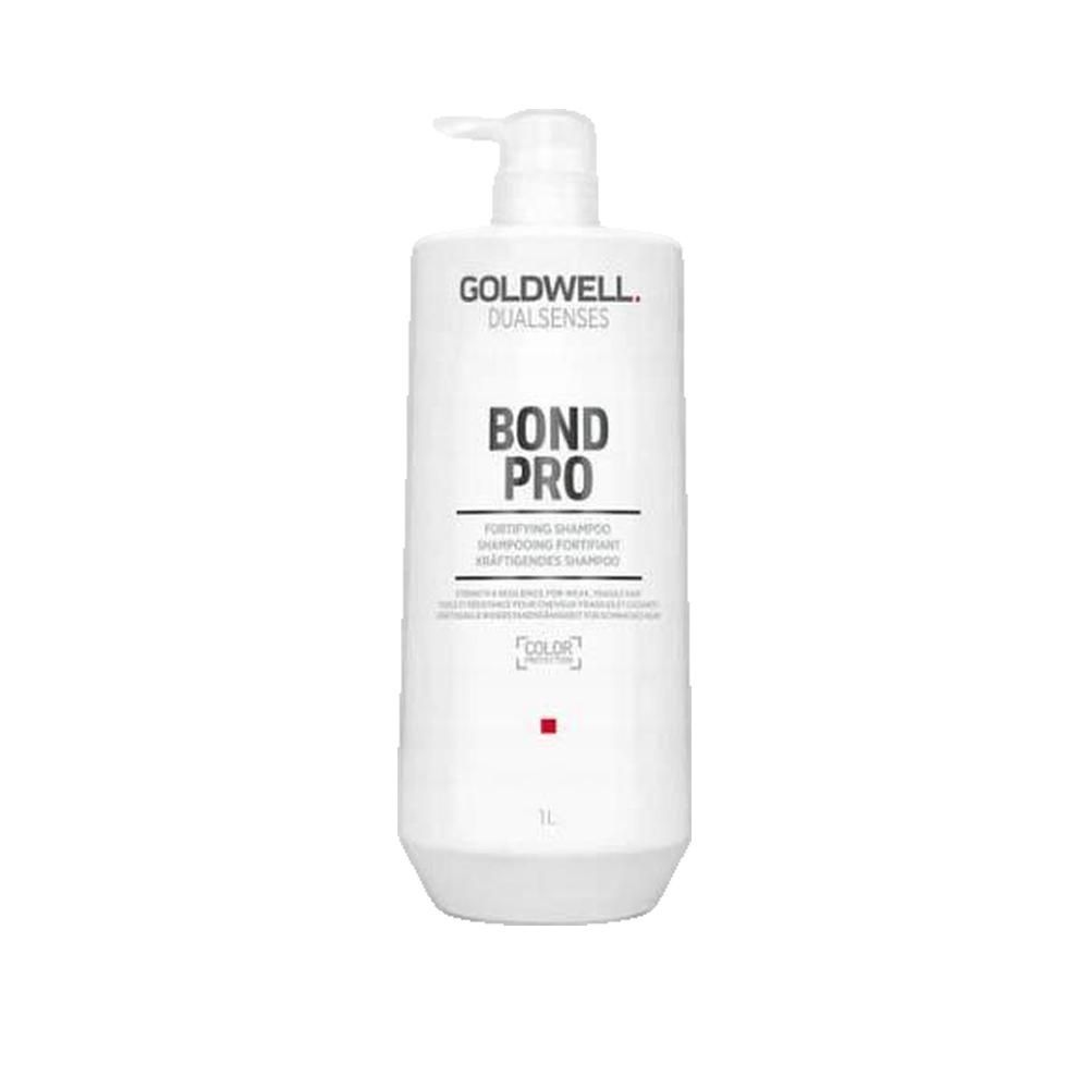 Weiße Flasche mit Pumpe. Aufschrift: GOLDWELL DUALSENSES BOND PRO. 1L. Farbmarkierung.