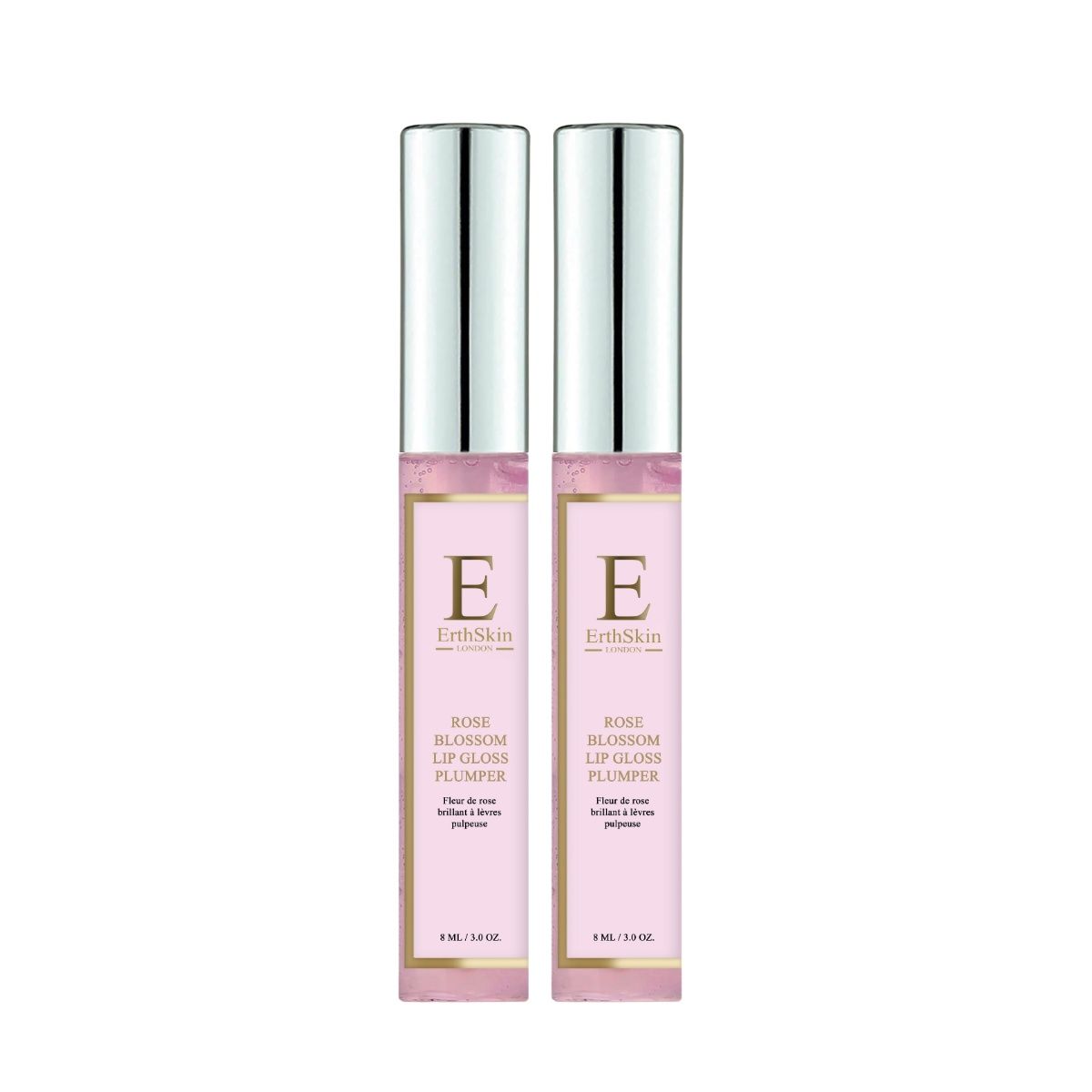 Zwei Lipgloss-Tuben mit silbernen Kappen. Auf jeder steht "ErthSkin Rose Blossom Lip Gloss Plumper".