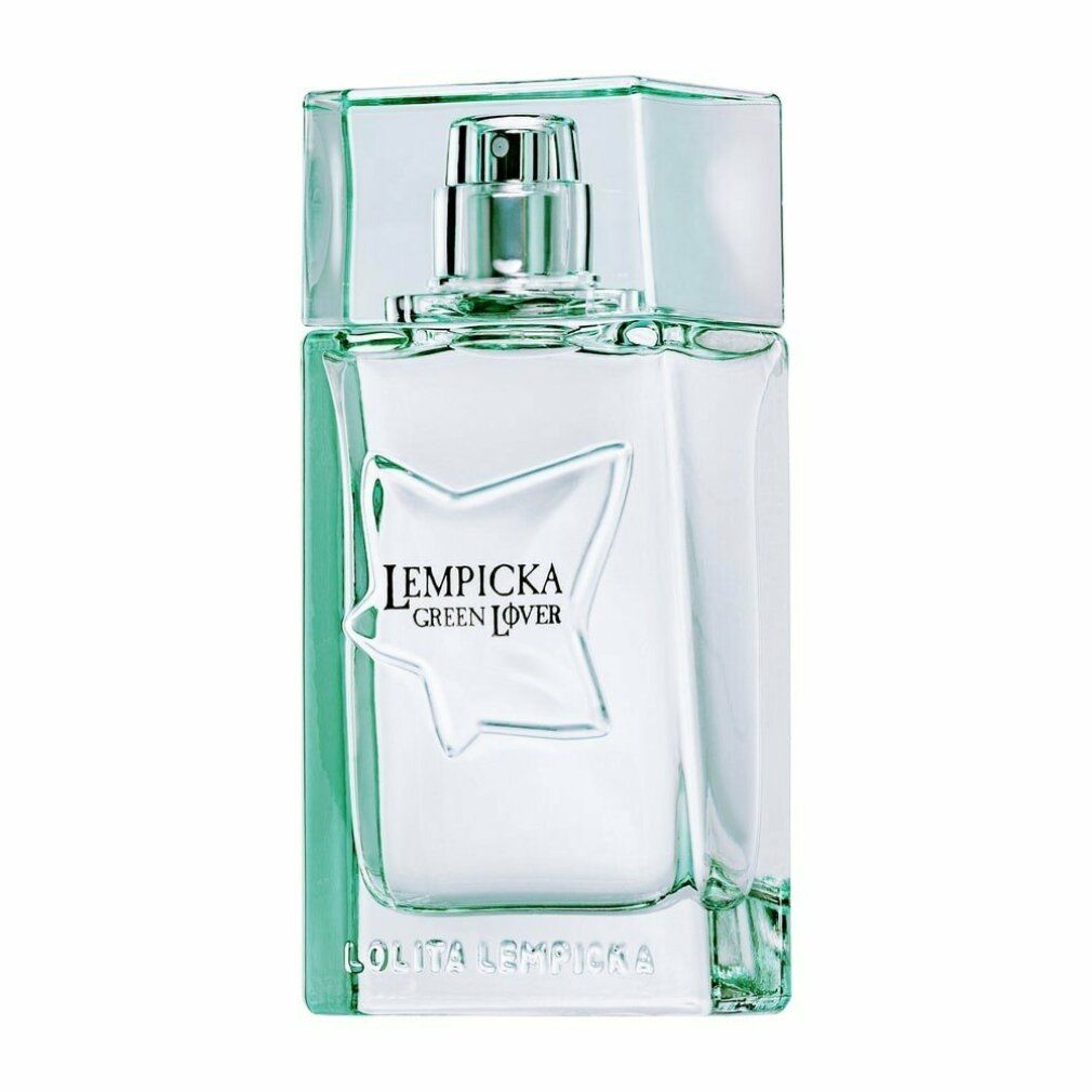 Rechteckiger Flakon mit grünem Deckel. Aufschrift: LEMPICKA GREEN LOVER. Sternförmiges Design auf dem Flakon.