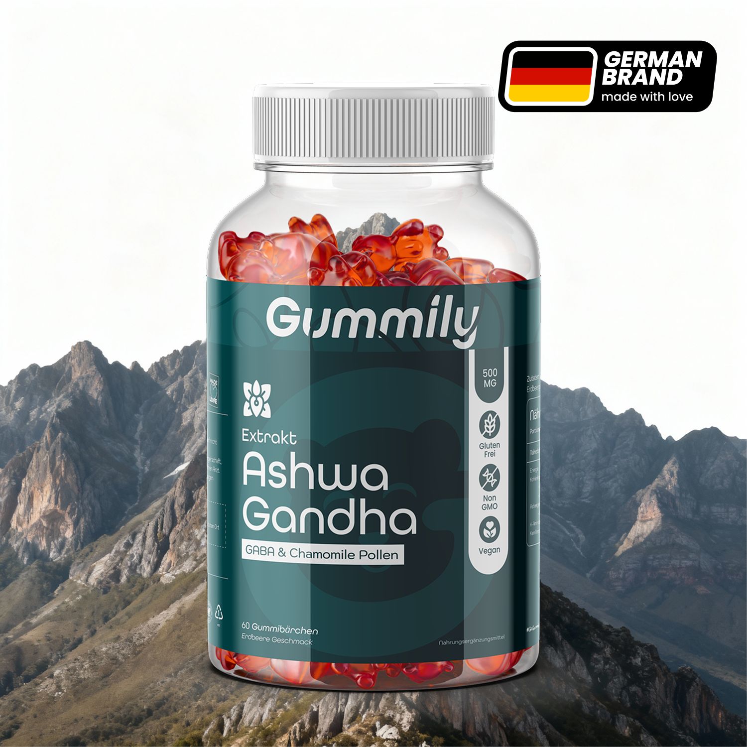 Klare Glasflasche mit roten Gummibärchen. Aufschrift: Gummily, Ashwa Gandha, 500 mg. Mit deutschem Markenlogo.