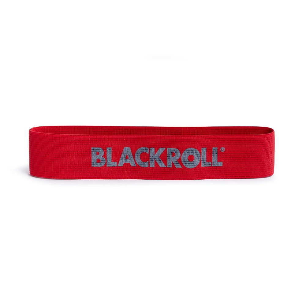 Rotes BLACKROLL Loop Band. Grauer Schriftzug. Rechteckige Form.