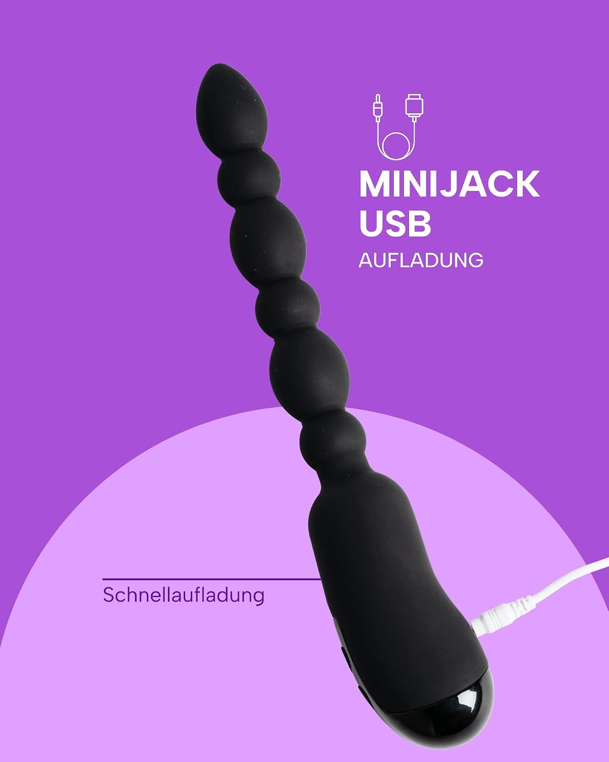 Schwarzer, perlenförmiger Vibrator, 15 cm lang, 3,5 cm Durchmesser, USB-aufladbar.