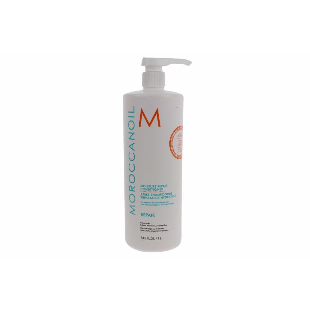 Weiße Flasche mit Pumpe. Aufschrift: Moroccanoil, M-Logo, Moisture Repair Conditioner, Repair. Orangefarbener Aufkleber.