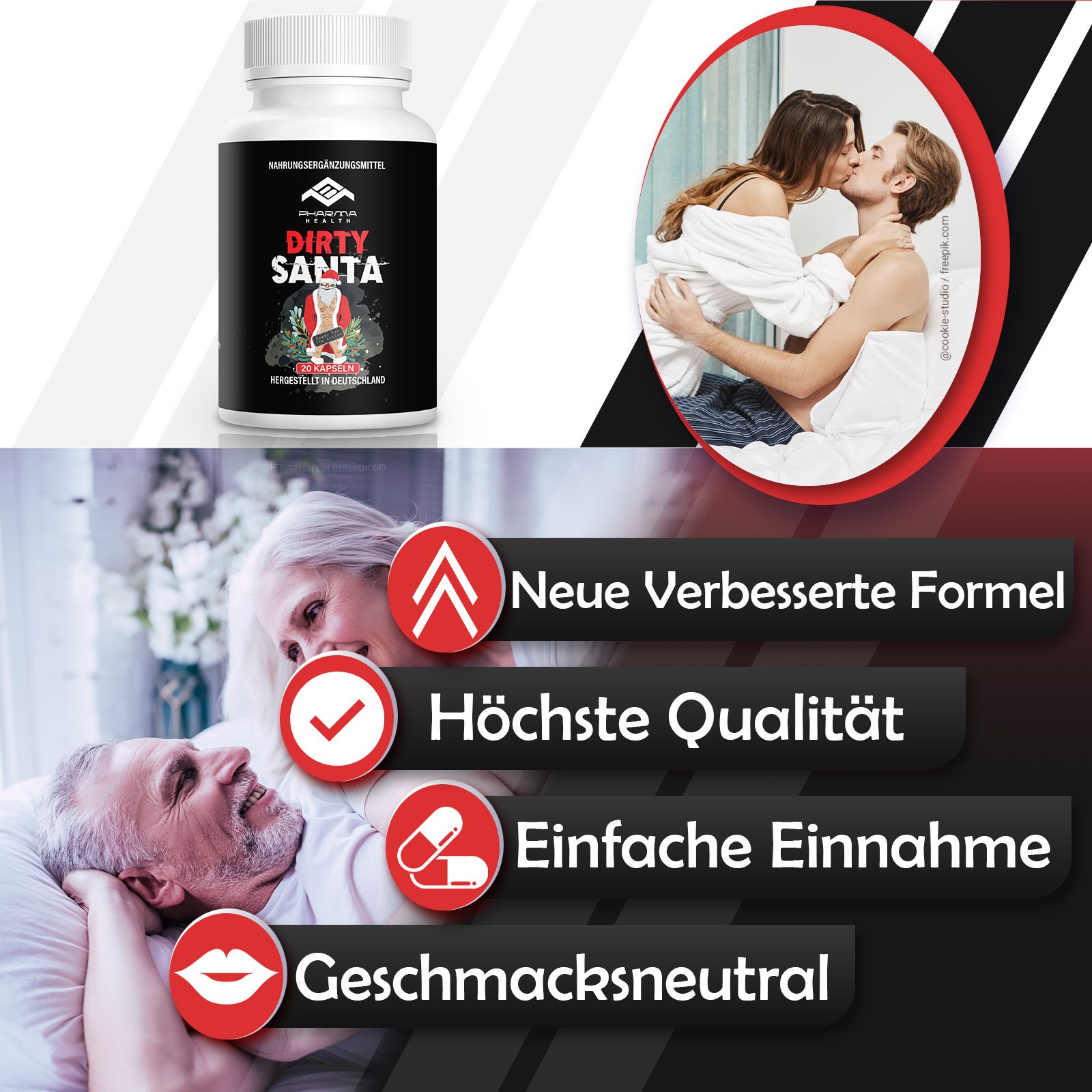 Weiße Flasche mit schwarzem Etikett. Aufschrift: Dirty Santa, Nahrungsergänzungsmittel. Zusätzliche Grafiken und Text.