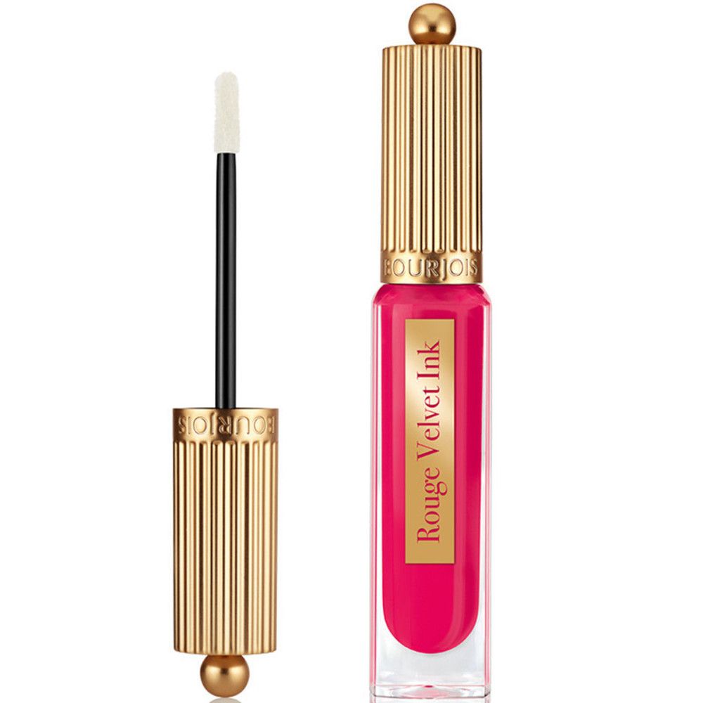 Bourjois Rouge Velvet Ink Lippenstift, 07 Fuchsia Cha Cha, goldene Kappe, Applikator daneben.