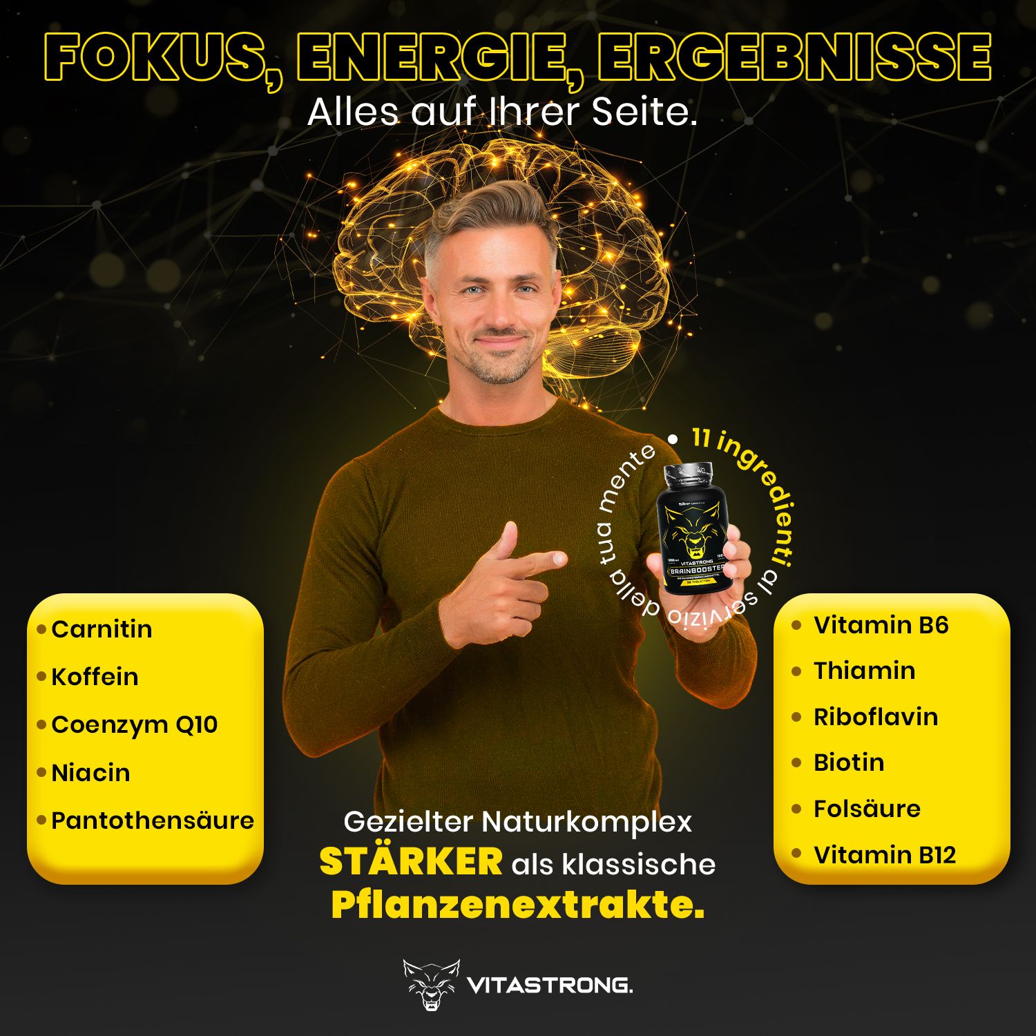 Mann zeigt auf Vitastrong Brainbooster. Gelbe Boxen mit Inhaltsstoffen. 11 Zutaten.